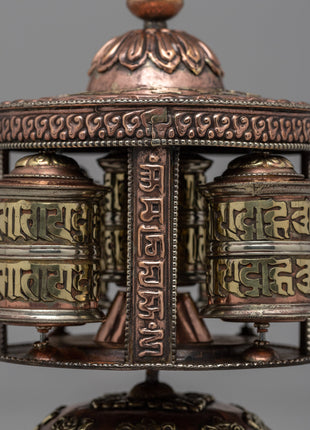 Sacred Buddhist Prayer Wheel | Copper & Brass Multi-Barrel Mani
