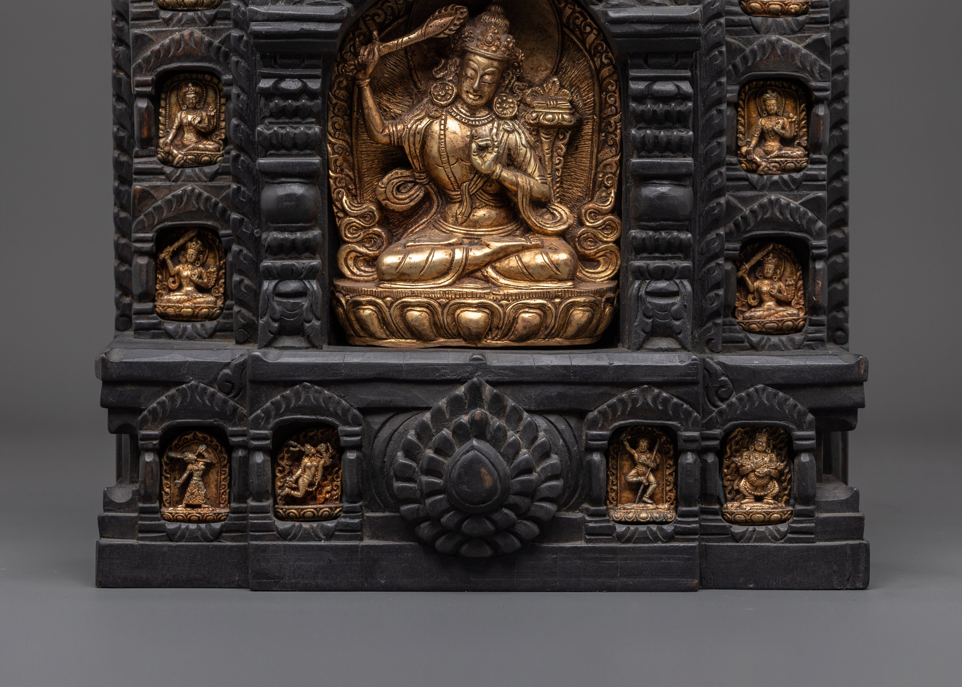 Gold Plated Manjushri Statue with Wooden Frame | Tibetan Bodhisattva of Wisdom
