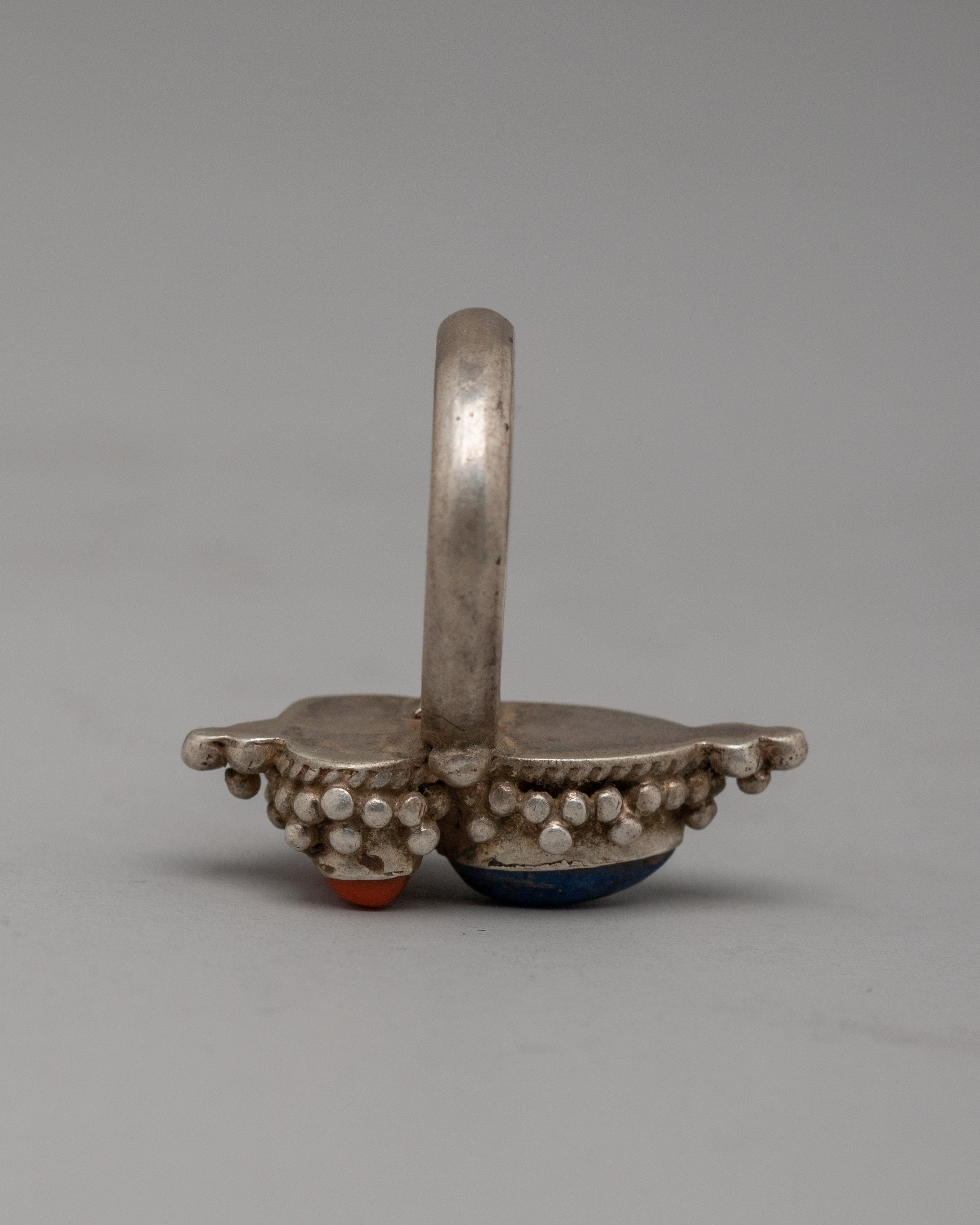Handcrafted Silver Ring with Lapis Lazuli and Coral | Spiritual Jewelry with Iconic Symbolism