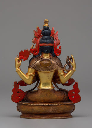 Gold Plated Chenrezig Statue | Avalokiteshvara Copper Buddha
