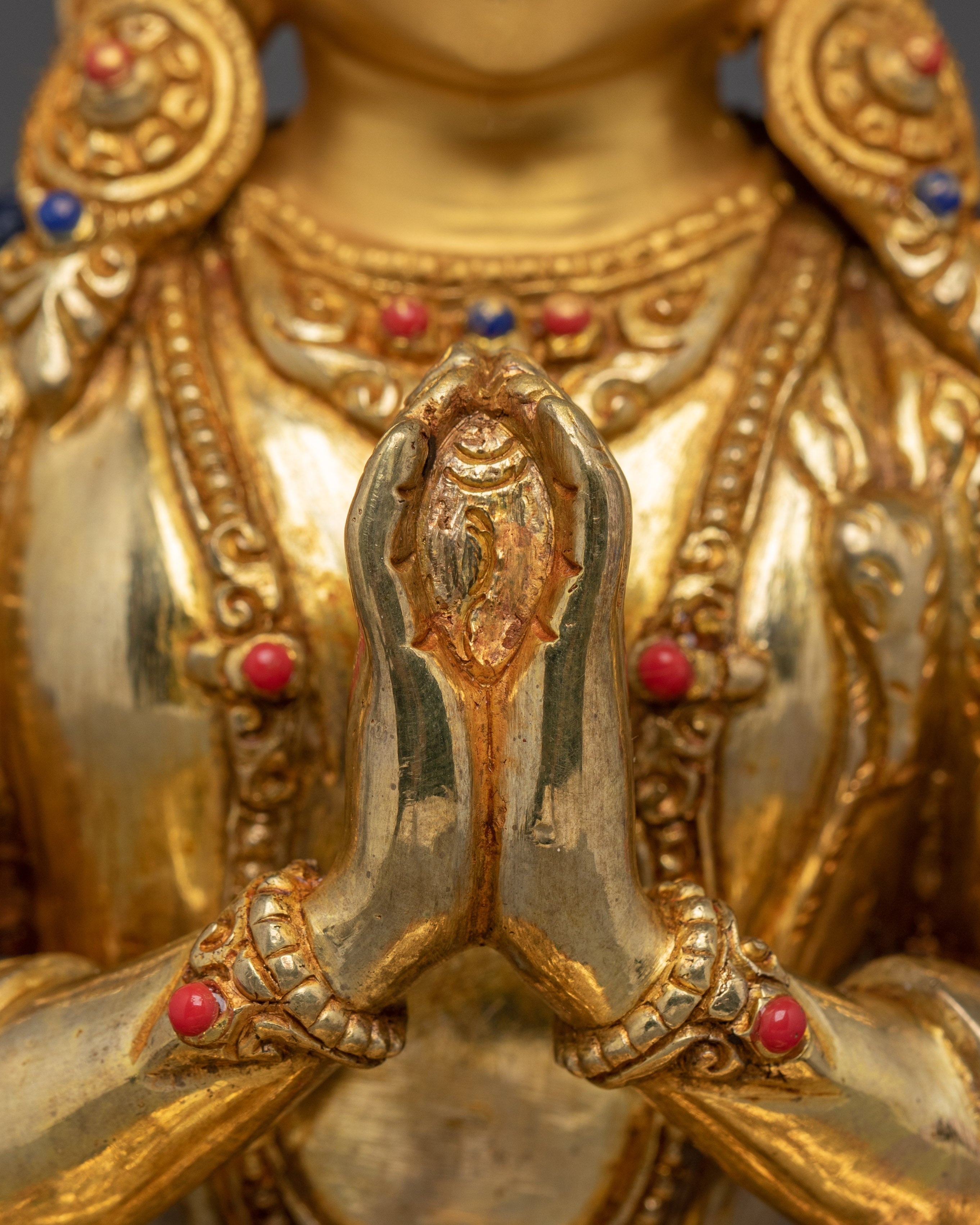 Gold Plated Buddhist Chenrezig Sculpture | Copper Sculpture with Coral & Turquoise