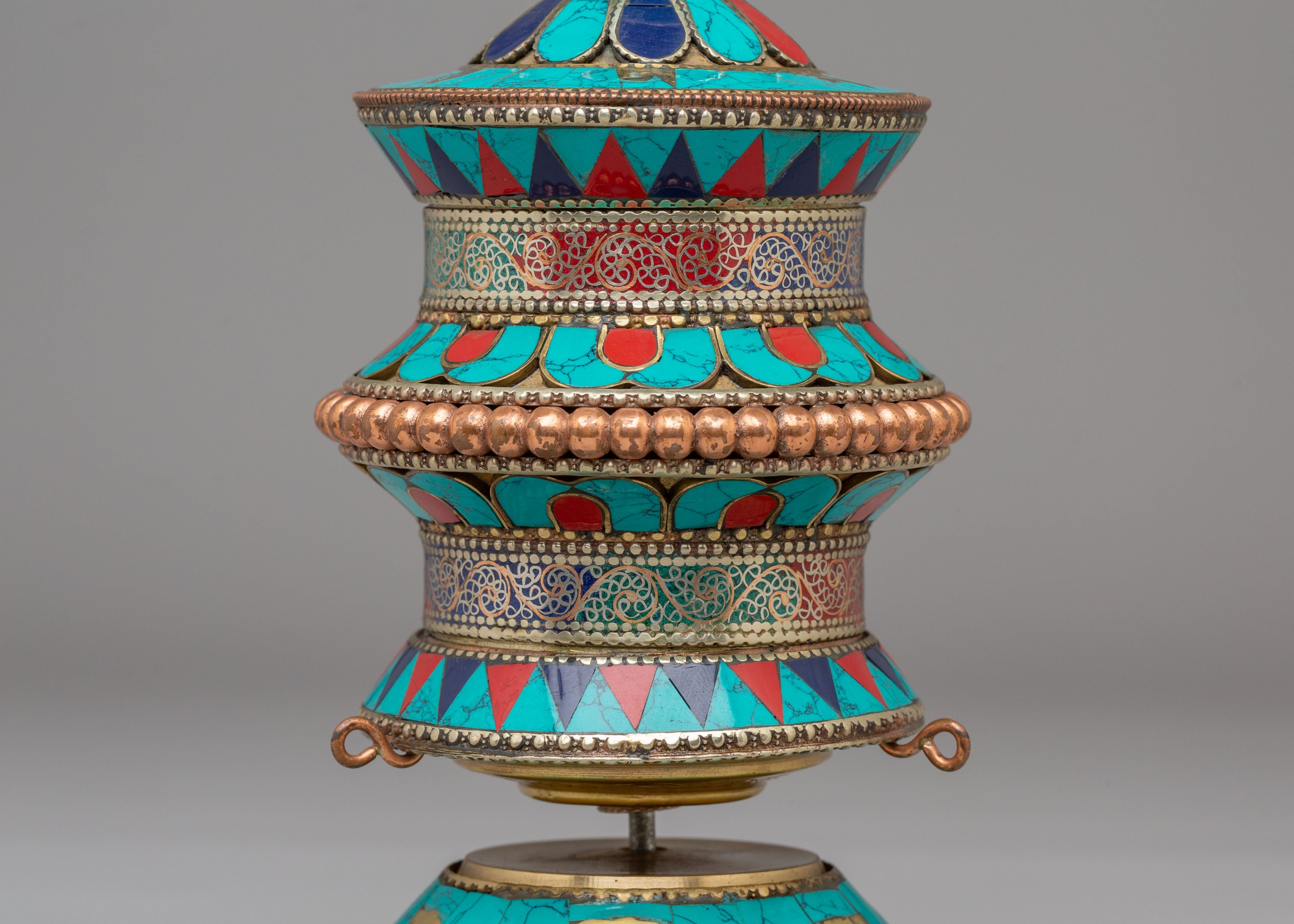 Handmade Tibetan Ritual Prayer Wheel | Copper Body with Gemstones