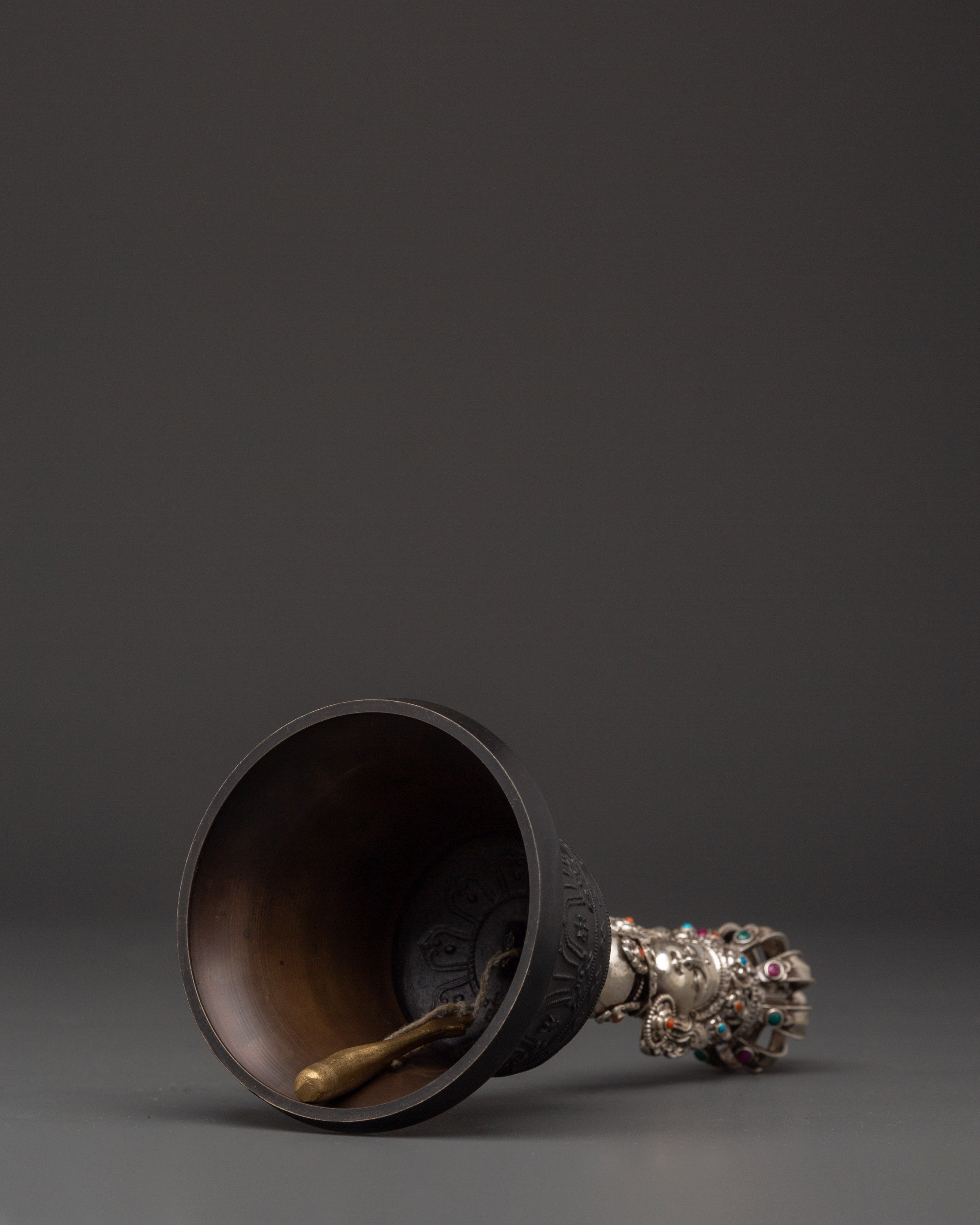 Wrathful Deity Engraved Bell and Vajra Set for Tibetan Rituals