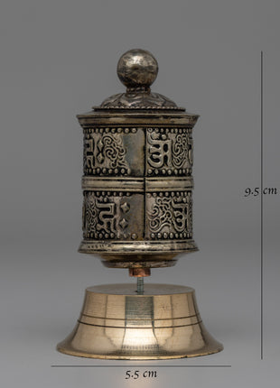 Intricate Tibetan Prayer Wheel for Meditation & Blessings | Compact Copper & Brass Ritual Tool