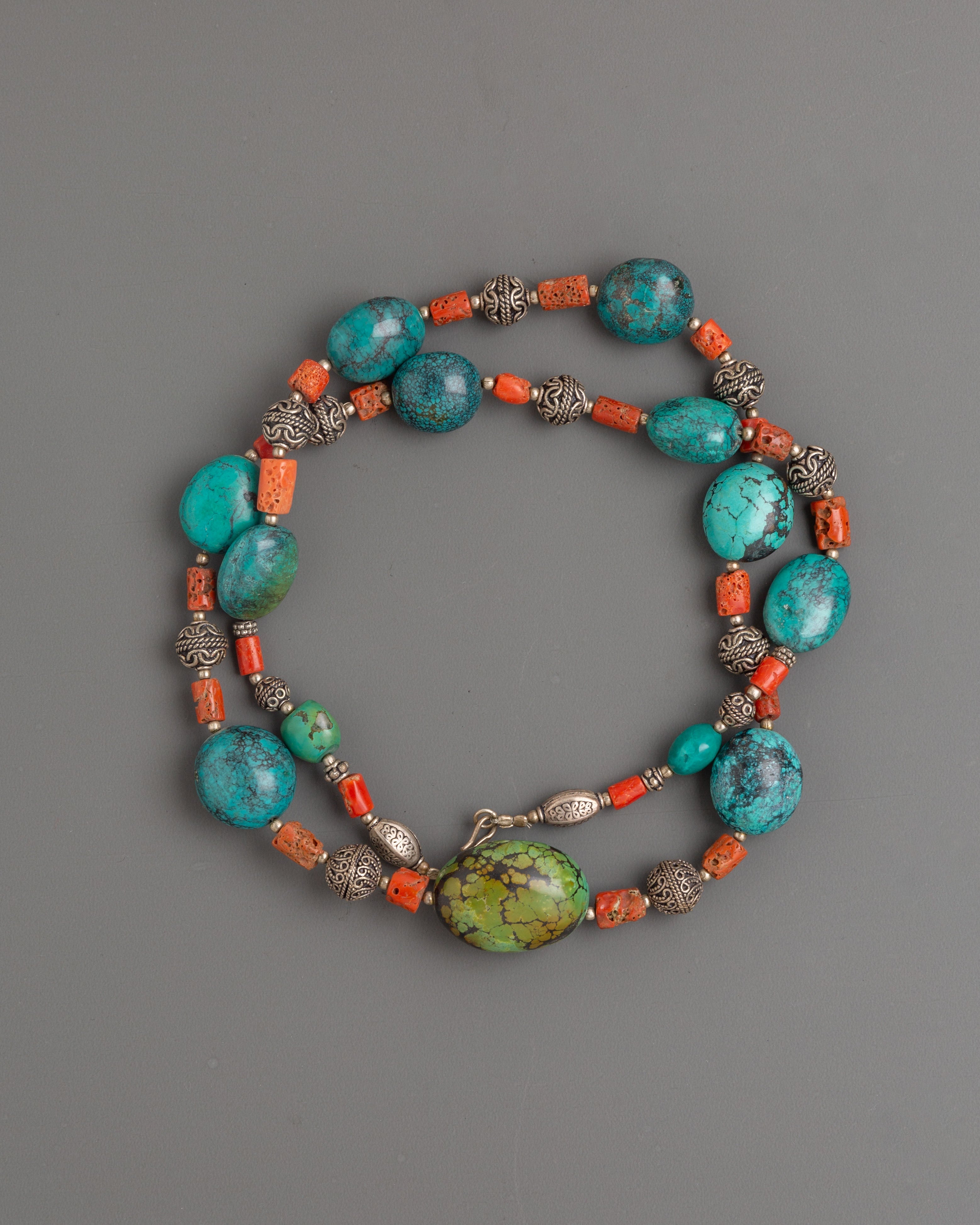 Sacred Turquoise Coral Beaded Mala | Tibetan Prayer Beads Silver Jewelry