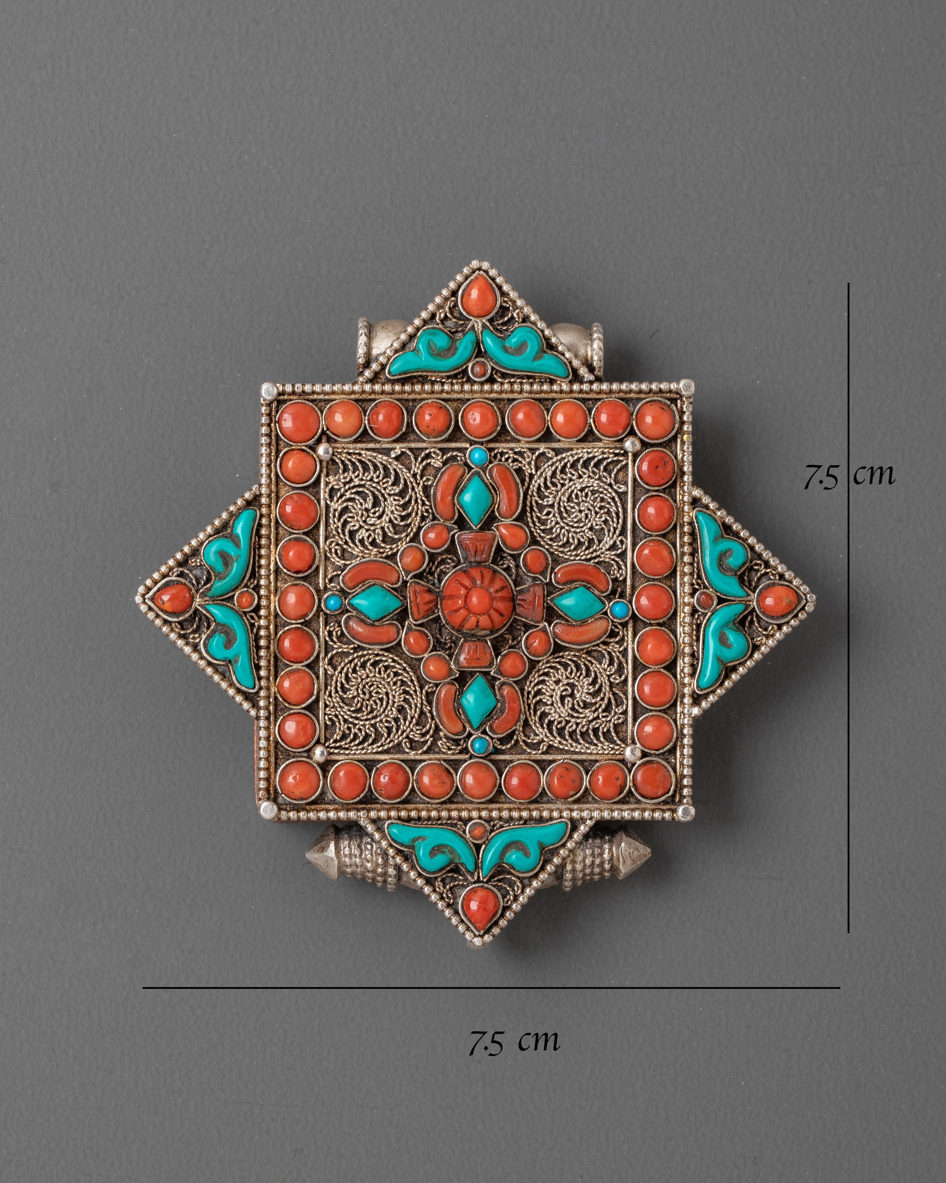 Silver Bishwo Vajra Ghau Box Locket | Turquoise Coral Locket