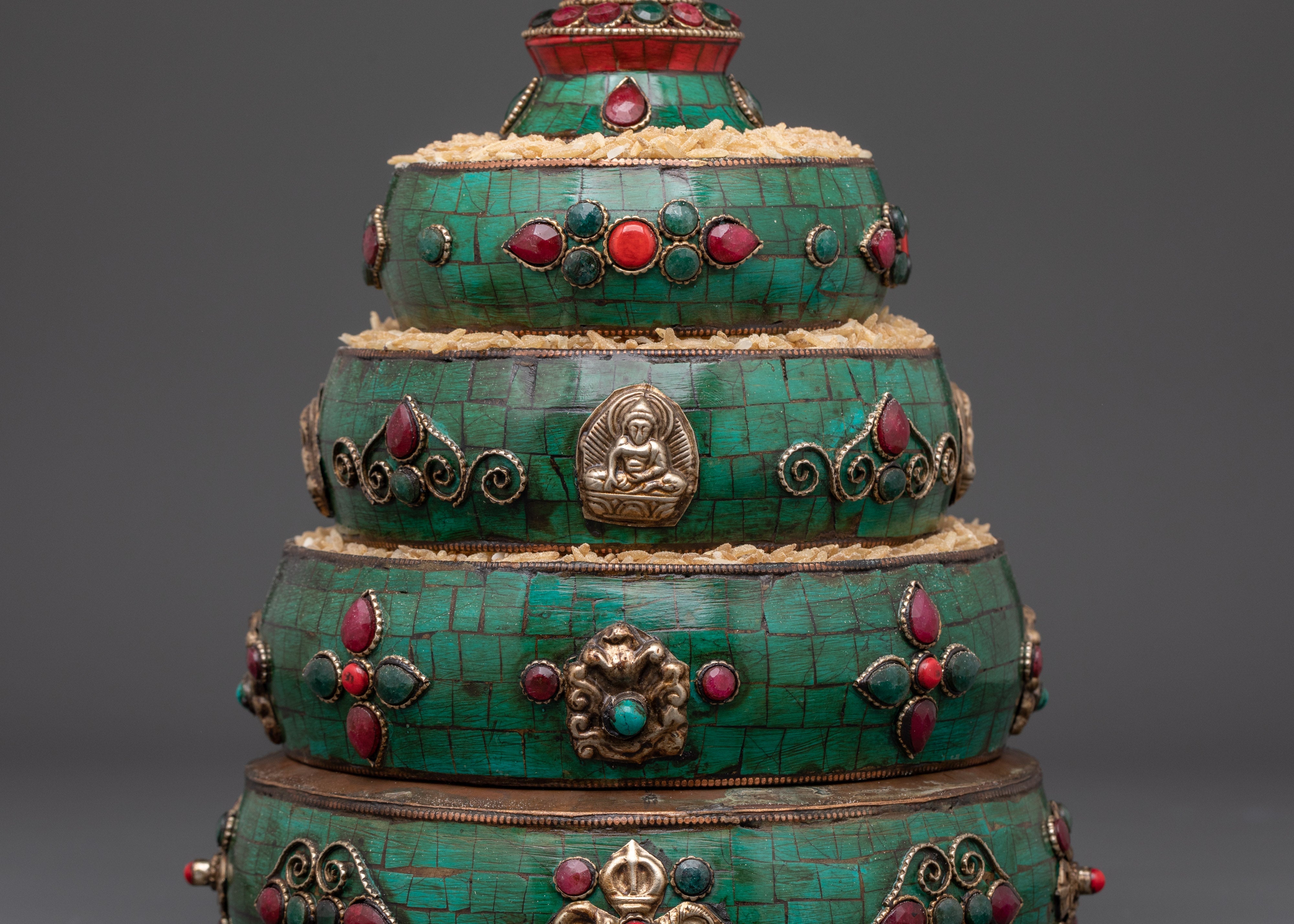Handcrafted Buddhist Mandala Offering Set | Brass Ritual Set with Coral & Turquoise