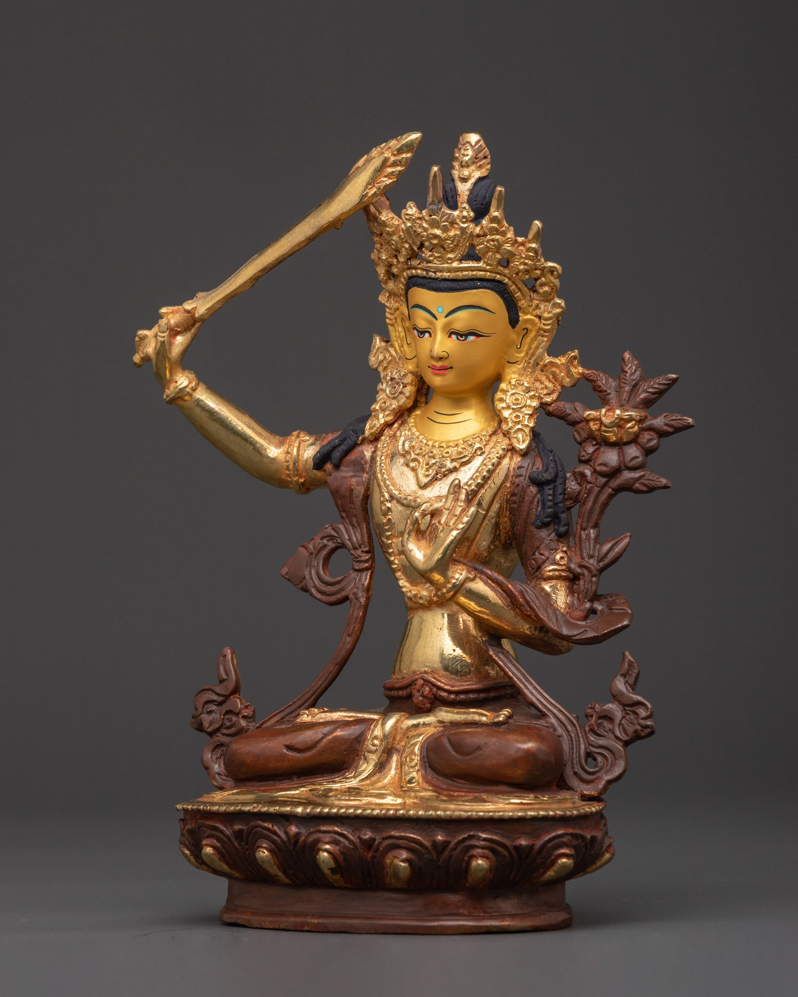 Gold Plated Manjushri Statue | Buddhist Wisdom Figurine