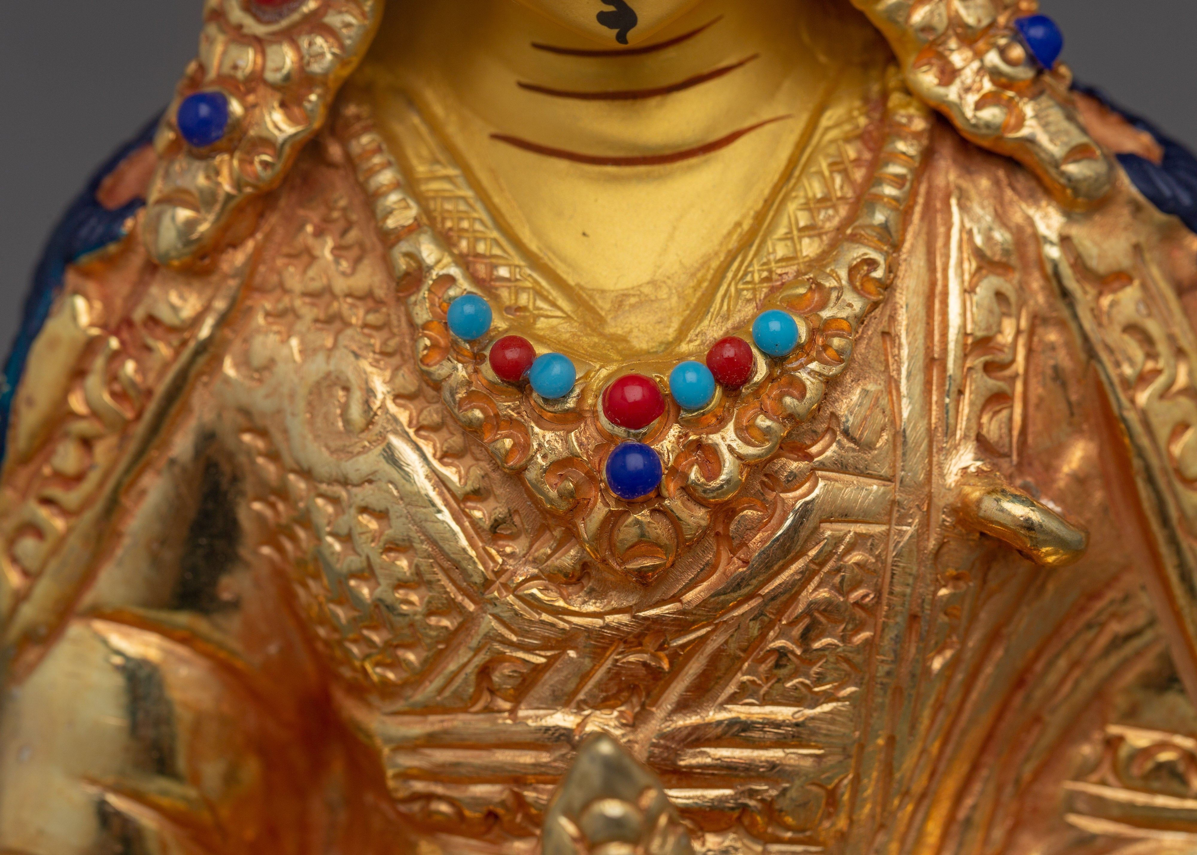 Sacred Padmasambhava Statue | Gold Plated Copper Buddha Sculpture with Coral & Turquoise