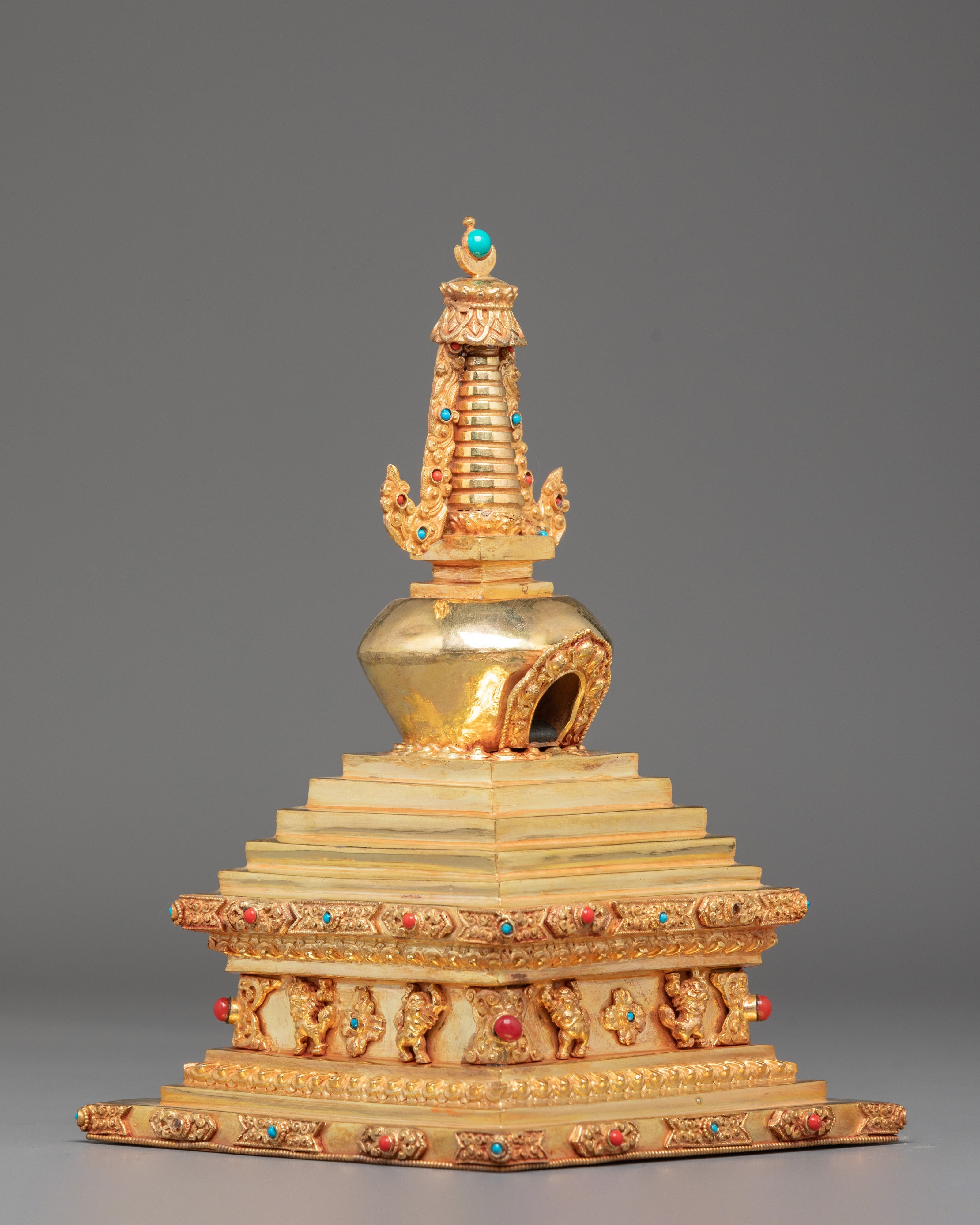 Copper Gold Plated Tibetan Stupa | Sacred Buddhist Shrine Decor