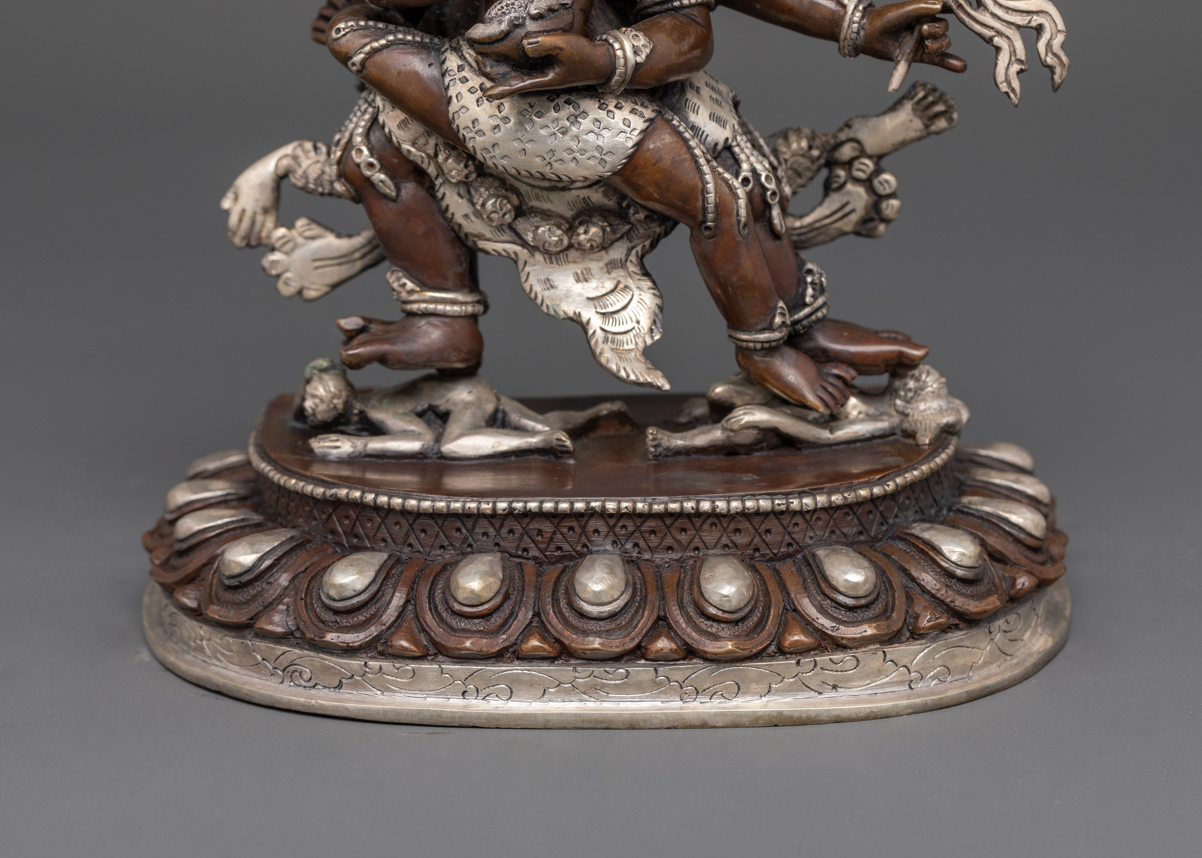 Sacred Hayagriva Statue with Consort | Oxidized Copper and Silver-Plated Sculpture