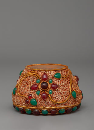 Tibetan Golpa Bowl with coral | Buddhist Sacred Decor