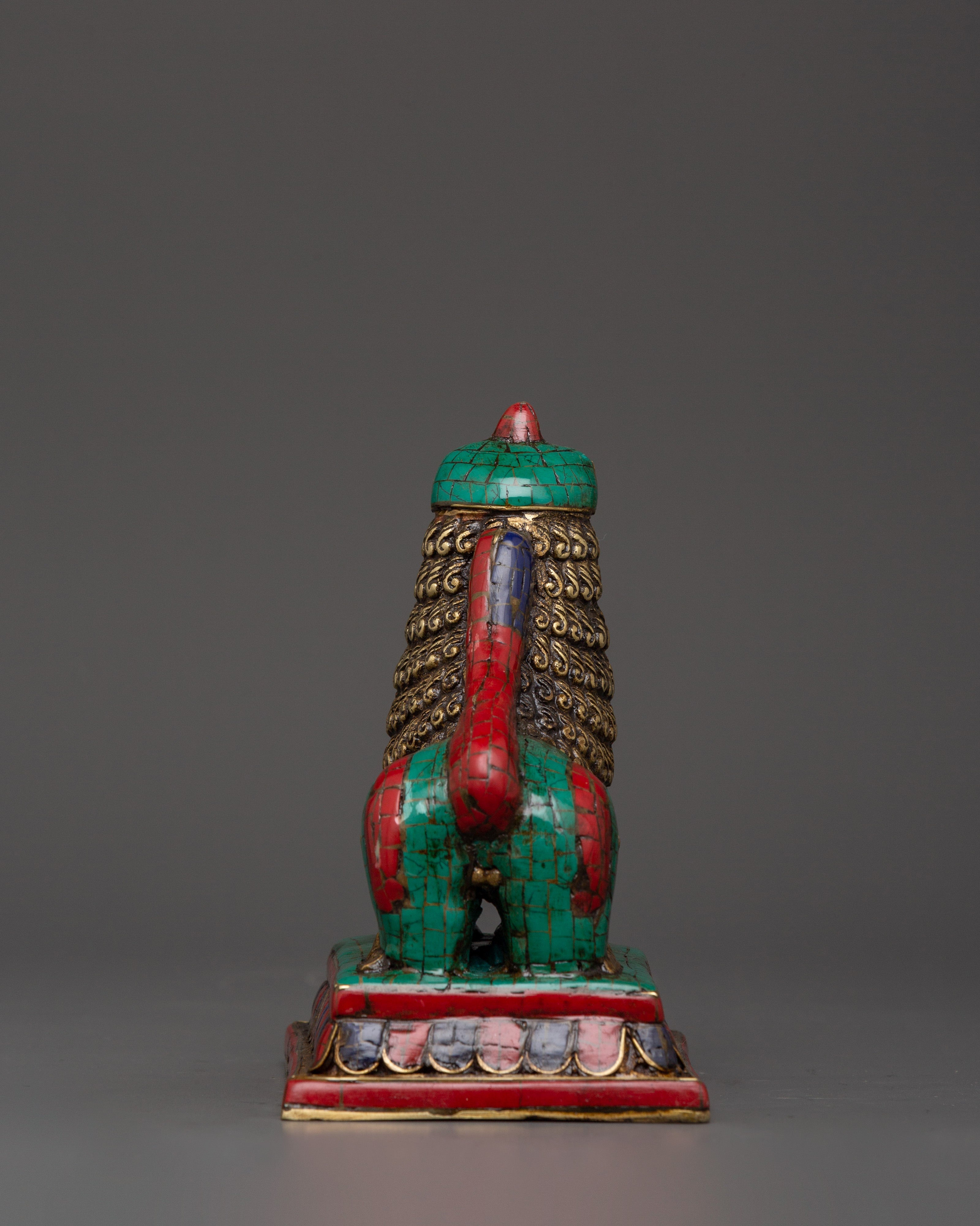 Tibetan Lion Set Brass Guardian Statues | Inlaid with Coral & Turquoise