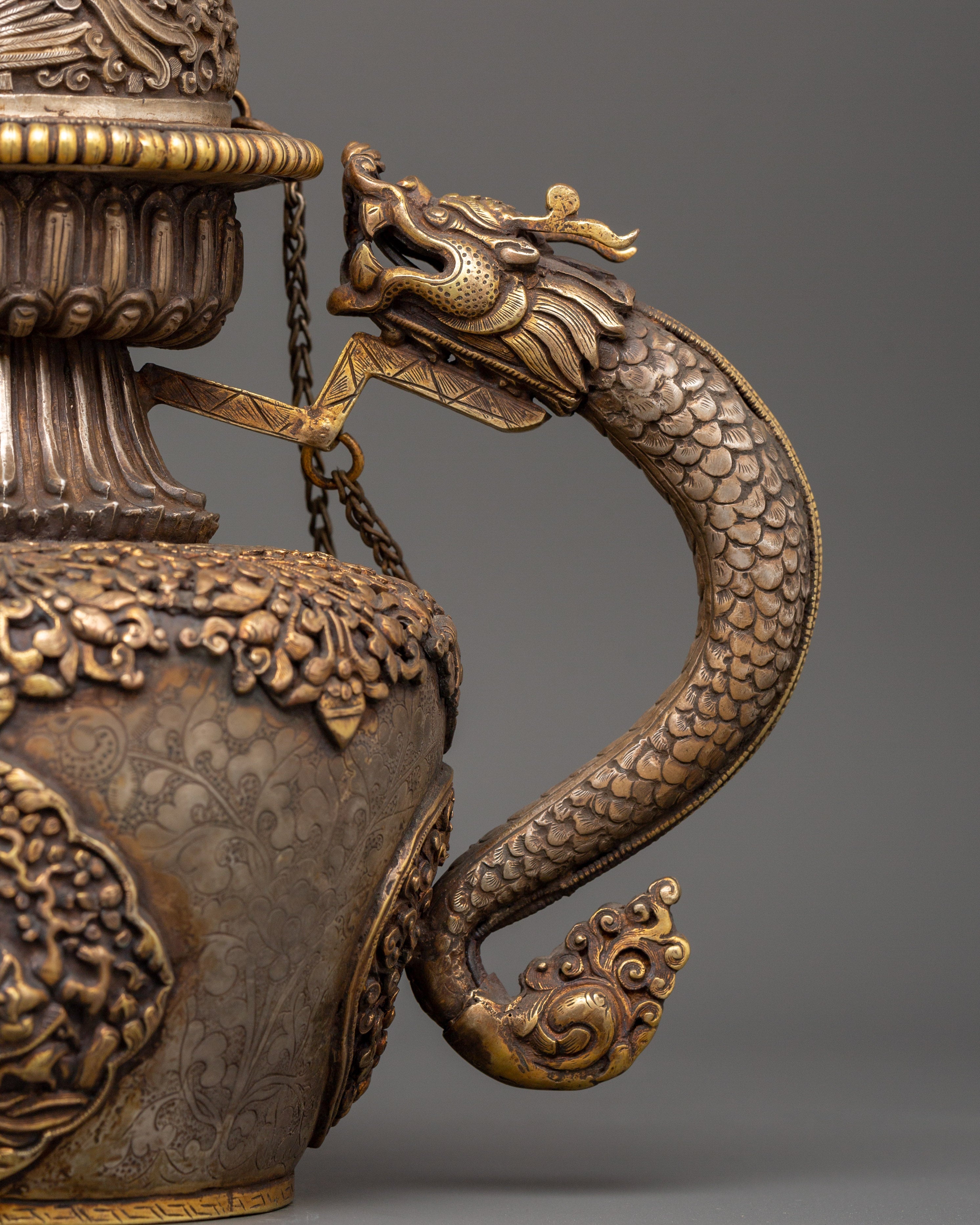 Tea Pot with Dragon Handle | Handcrafted Copper & Pure Silver with Gold Plating