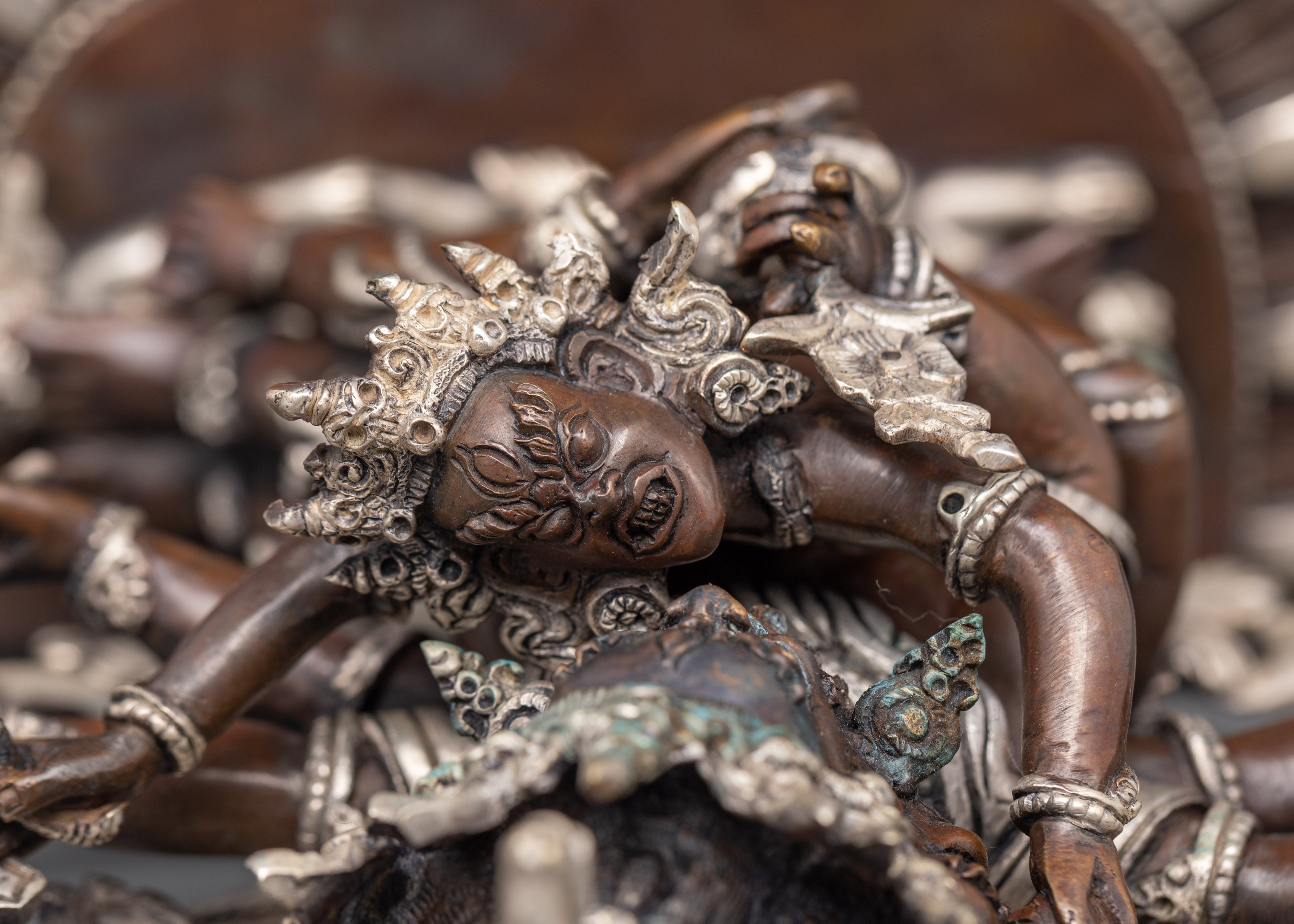 Sacred Hayagriva Statue with Consort | Oxidized Copper and Silver-Plated Sculpture
