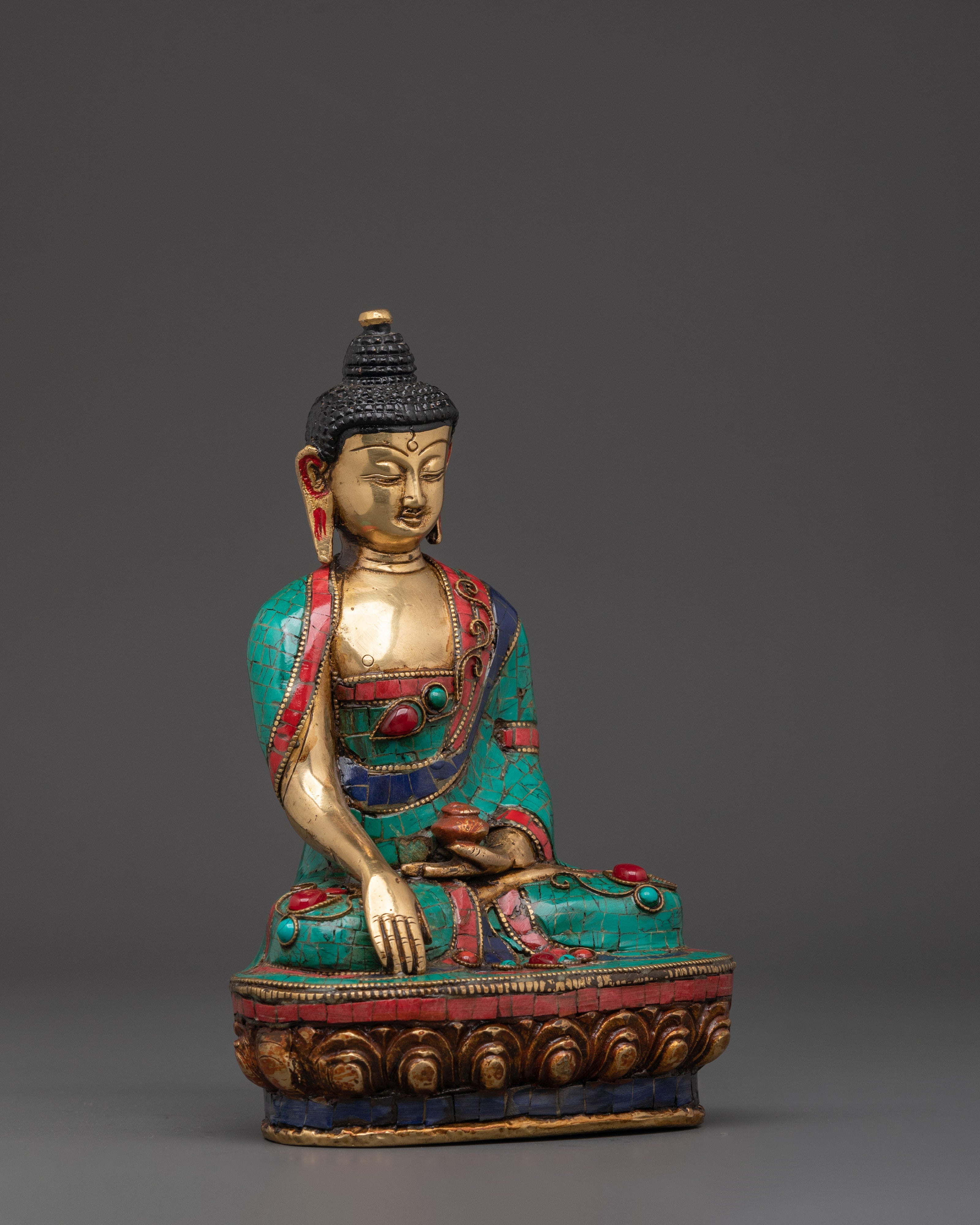 Brass Gautama Buddha Statue | Enlightened One in Vibrant Turquoise & Coral