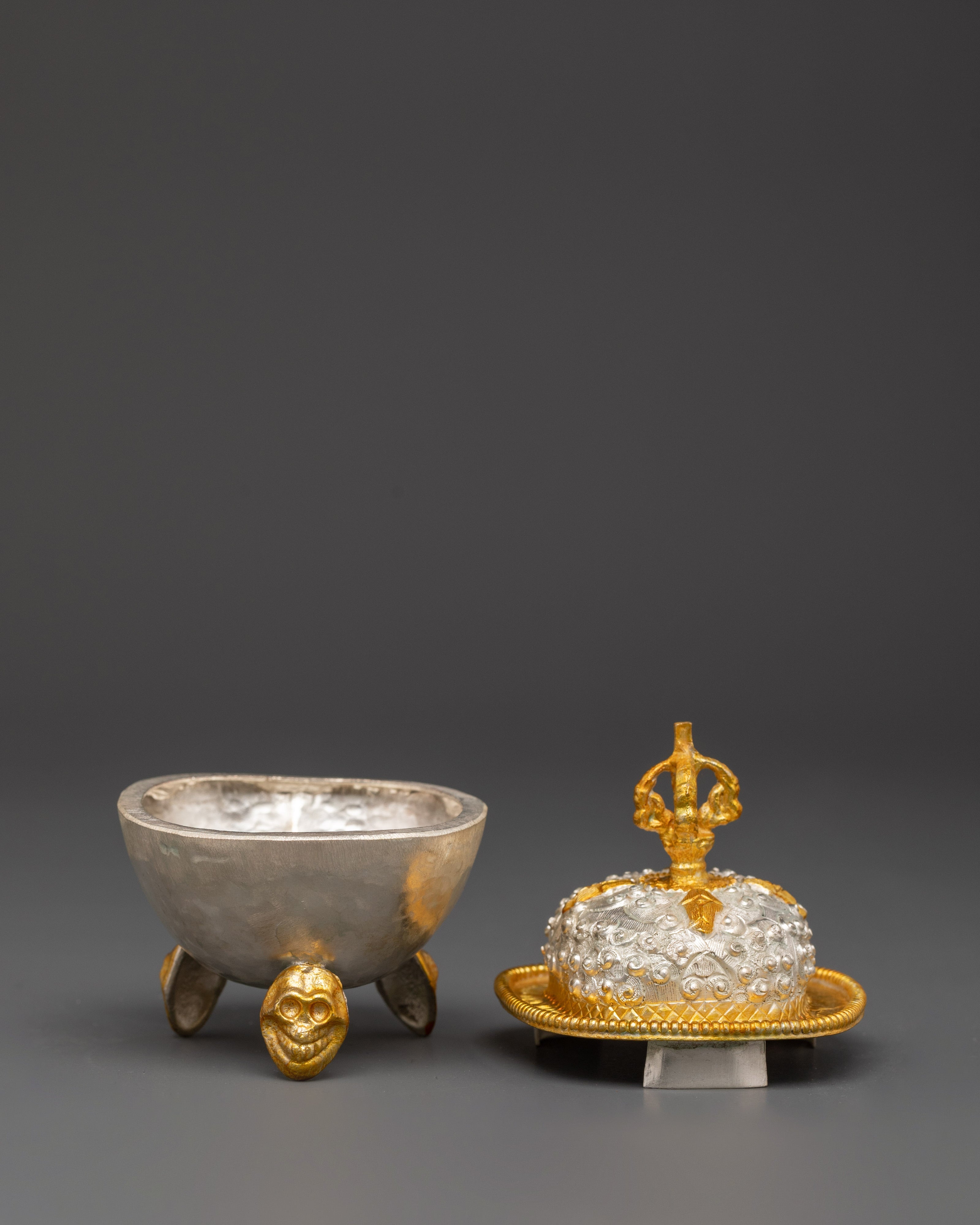 Ceremonial Kapala Vessel | Gold and Silver Plated Buddhist Ritual Bowl