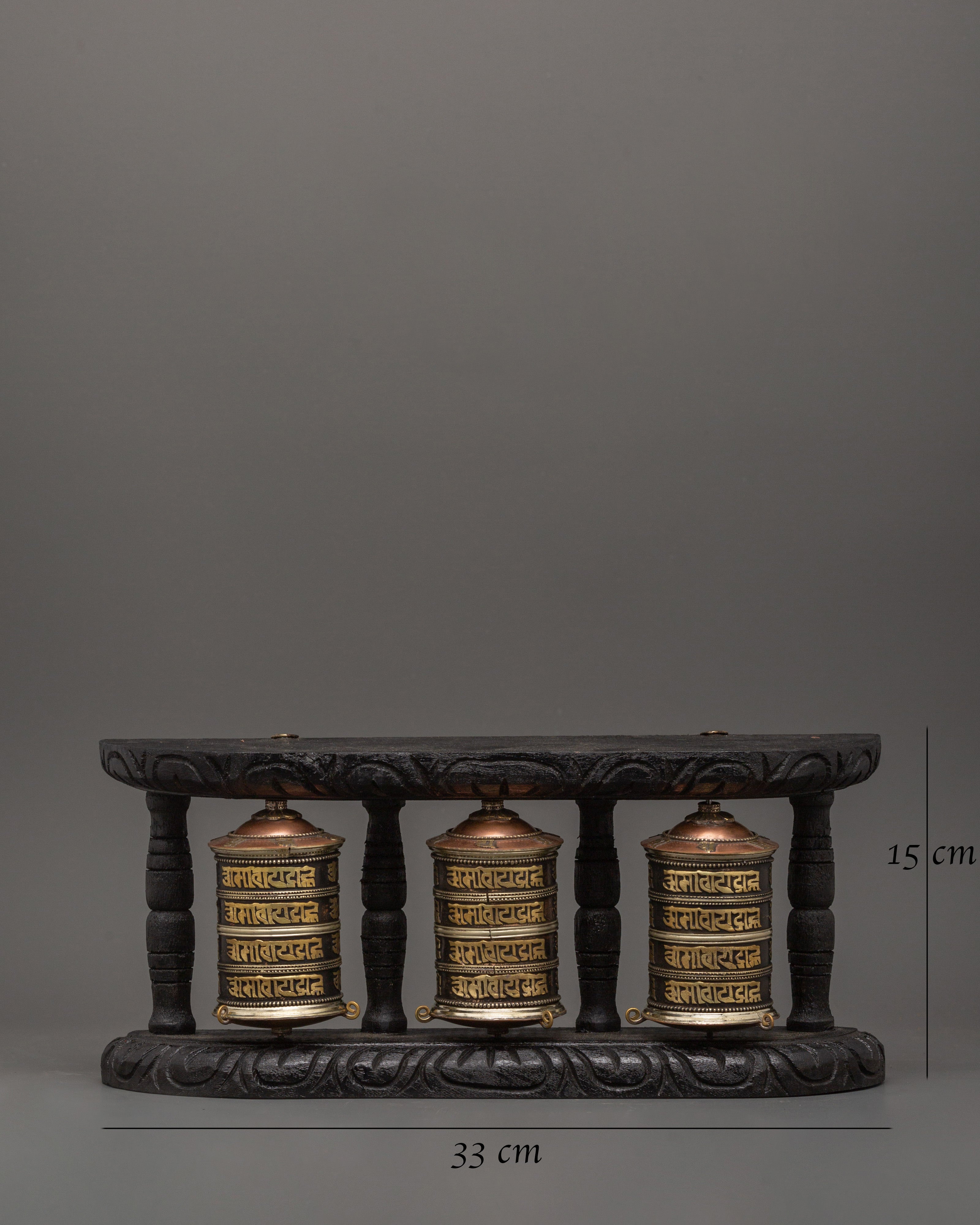 Triple Tibetan Prayer Wheel Set | Buddhist Meditation Decor Piece