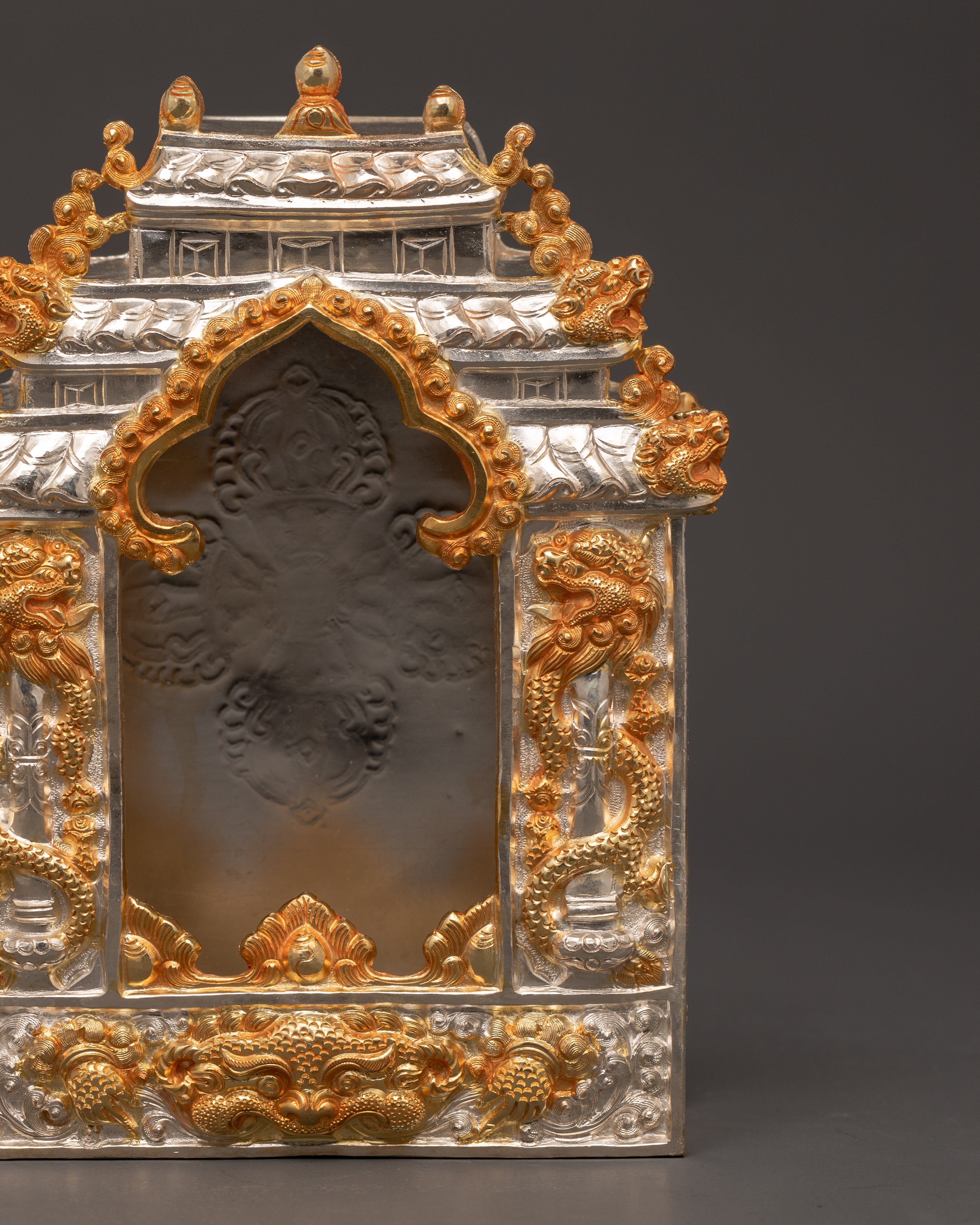 Hand-carved Copper Ghau Box | Tibetan Amulet with Biswo Vajra & Dragon Motif
