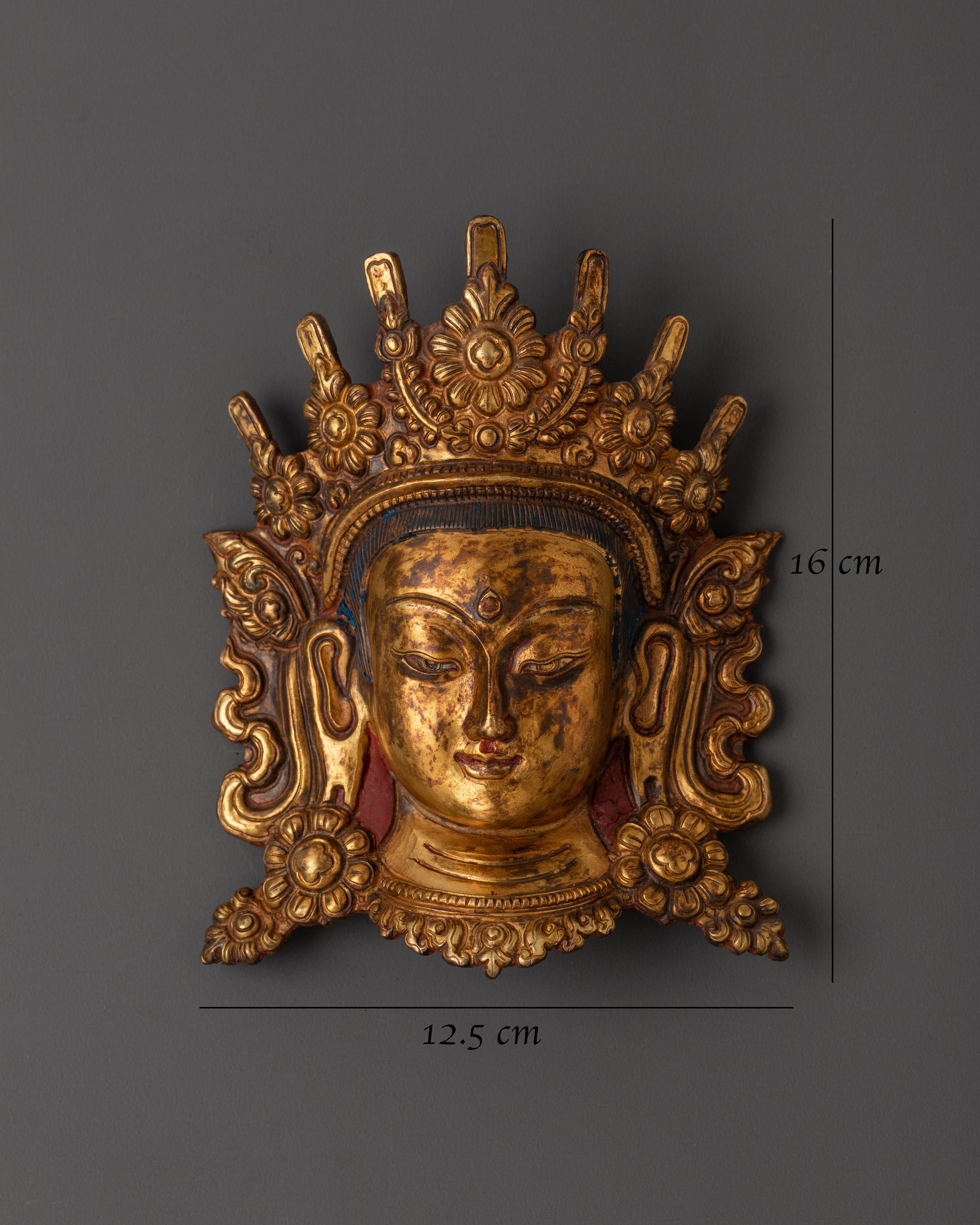 Tibetan Golden Tara Mask | Copper Gold Plated Buddhist Decor
