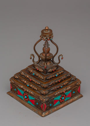 Authentic Buddhist Stupa in Oxidized Copper | Sacred Sculpture for Peace and Harmony
