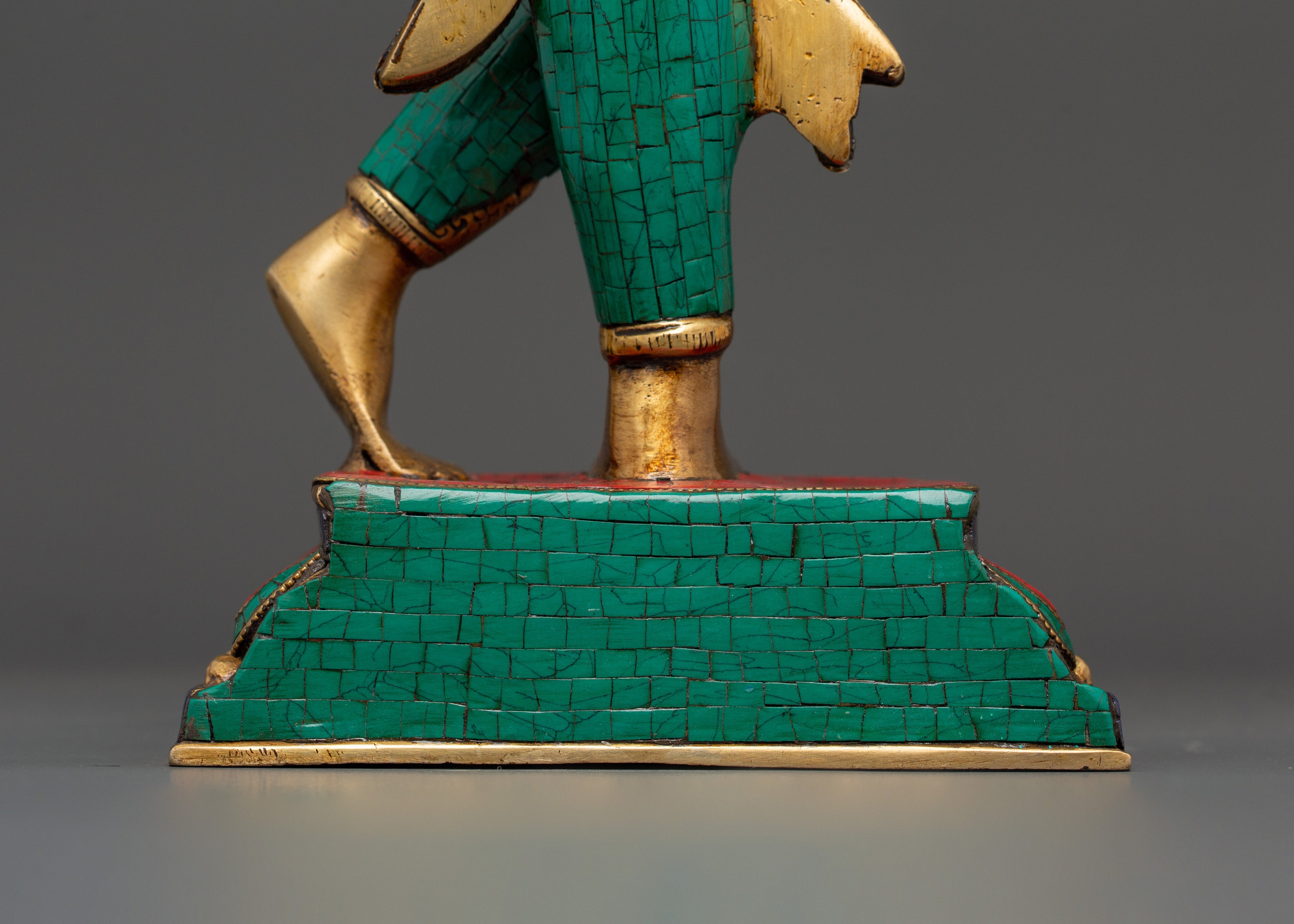 Maya Devi Brass Statue | Brass Sculpture with Turquoise & Coral Inlay