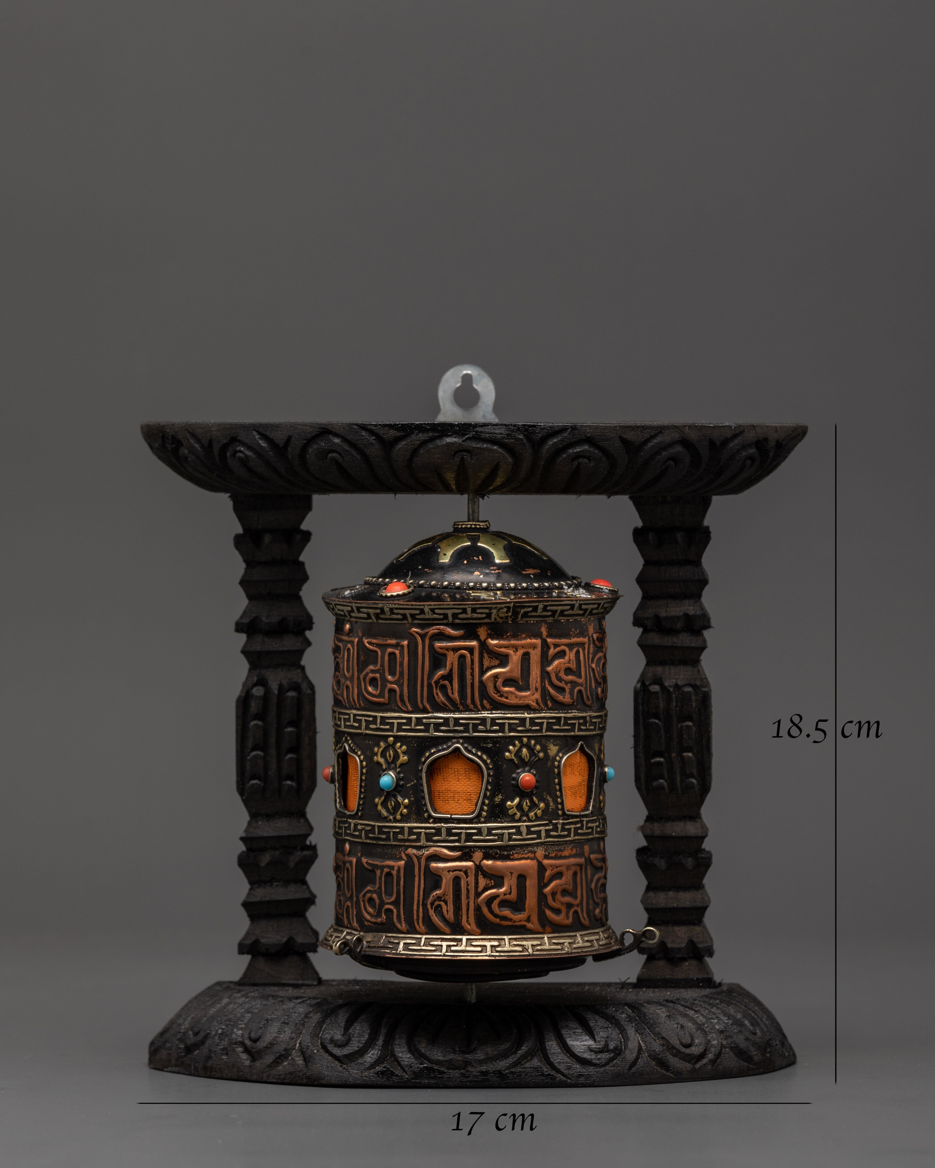 Sacred Tibetan Spinning Mantra Wheel | Copper, Coral, and Turquoise Stones
