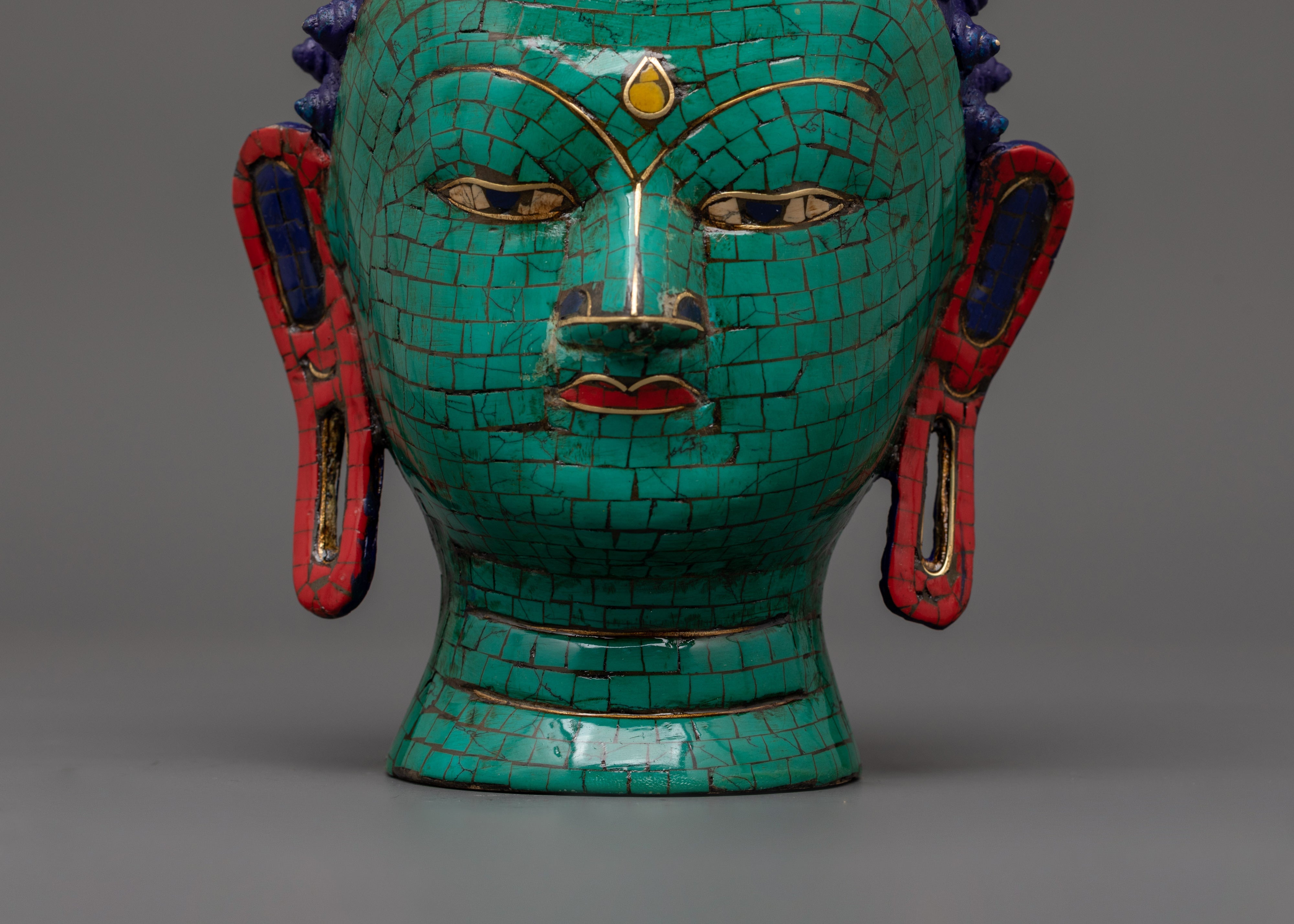 Brass Buddha Head Statue with Turquoise | Peaceful Spiritual Decor