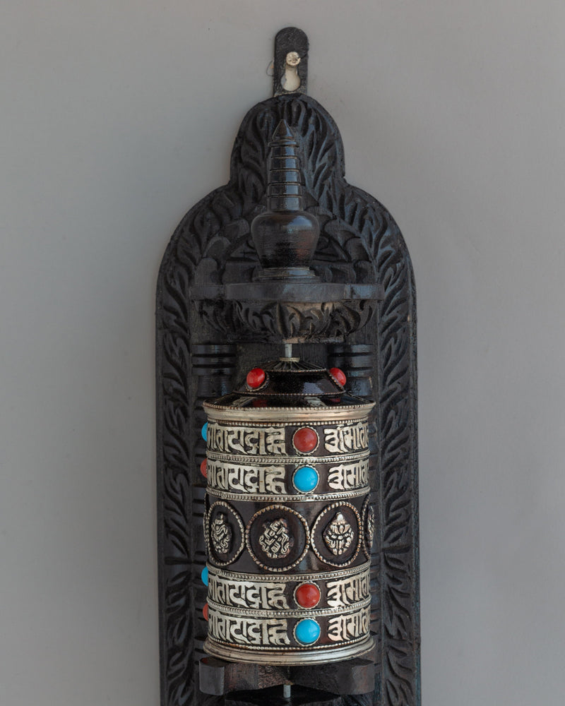 Wall-Mounted Tibetan Prayer Wheel  | Buddhist Spiritual Artifact