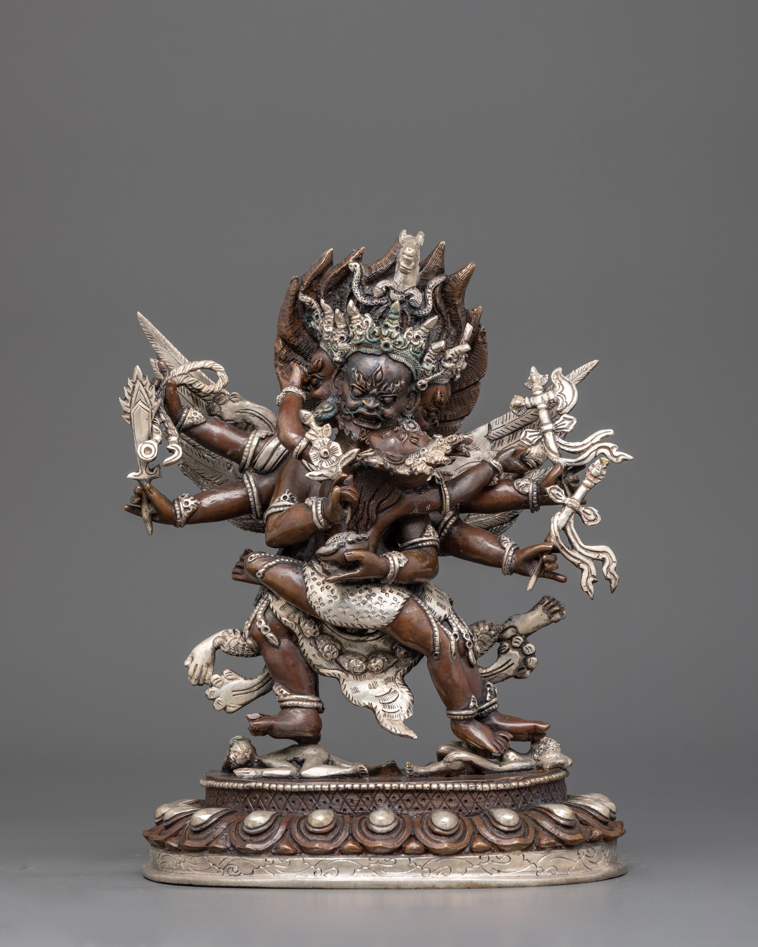 Sacred Hayagriva Statue with Consort | Oxidized Copper and Silver-Plated Sculpture