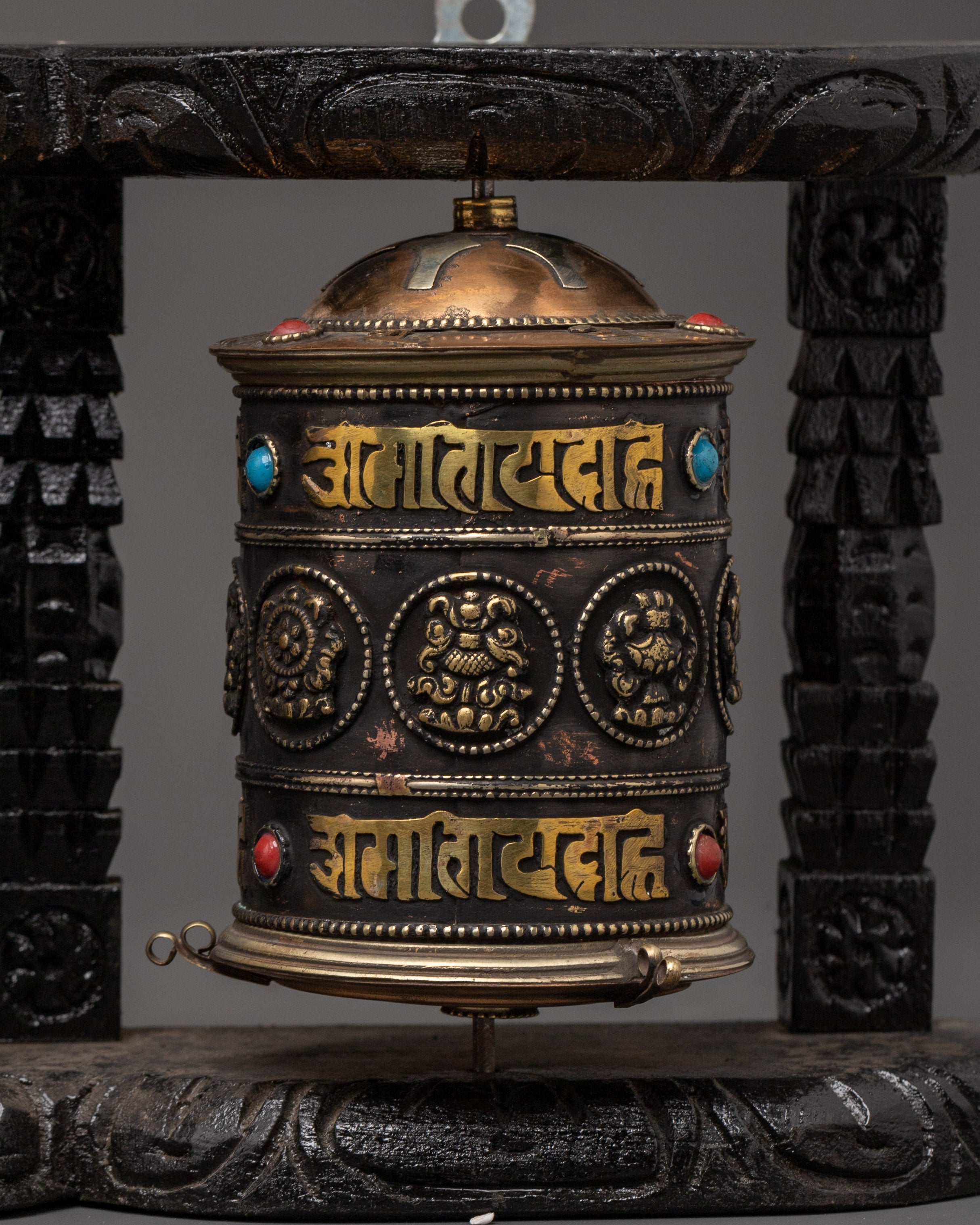 Five Tibetan Prayer Wheels on a Wooden Frame | Mantra Spinners