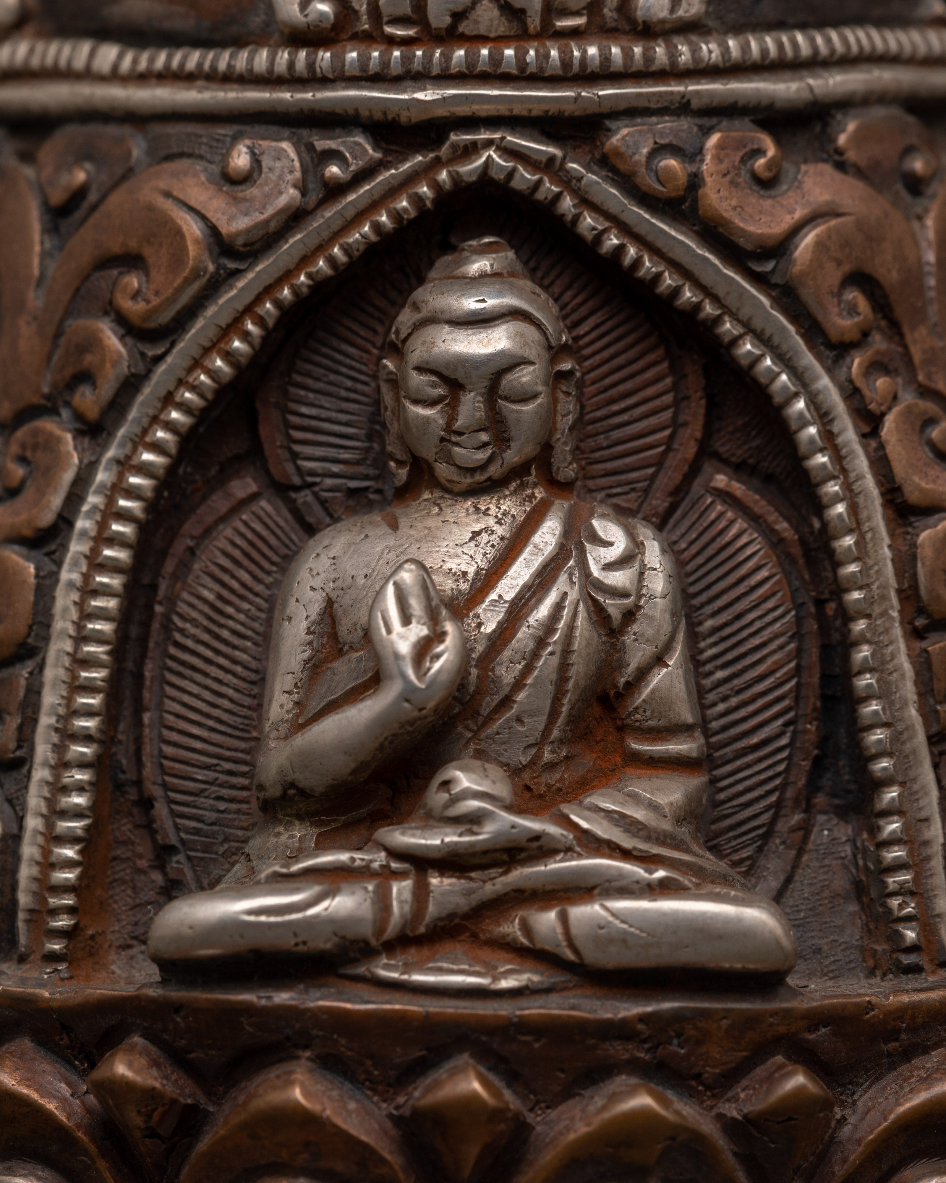 Lotus Moon Disc Engraved Buddha Stupa | Handcrafted Tibetan Stupa