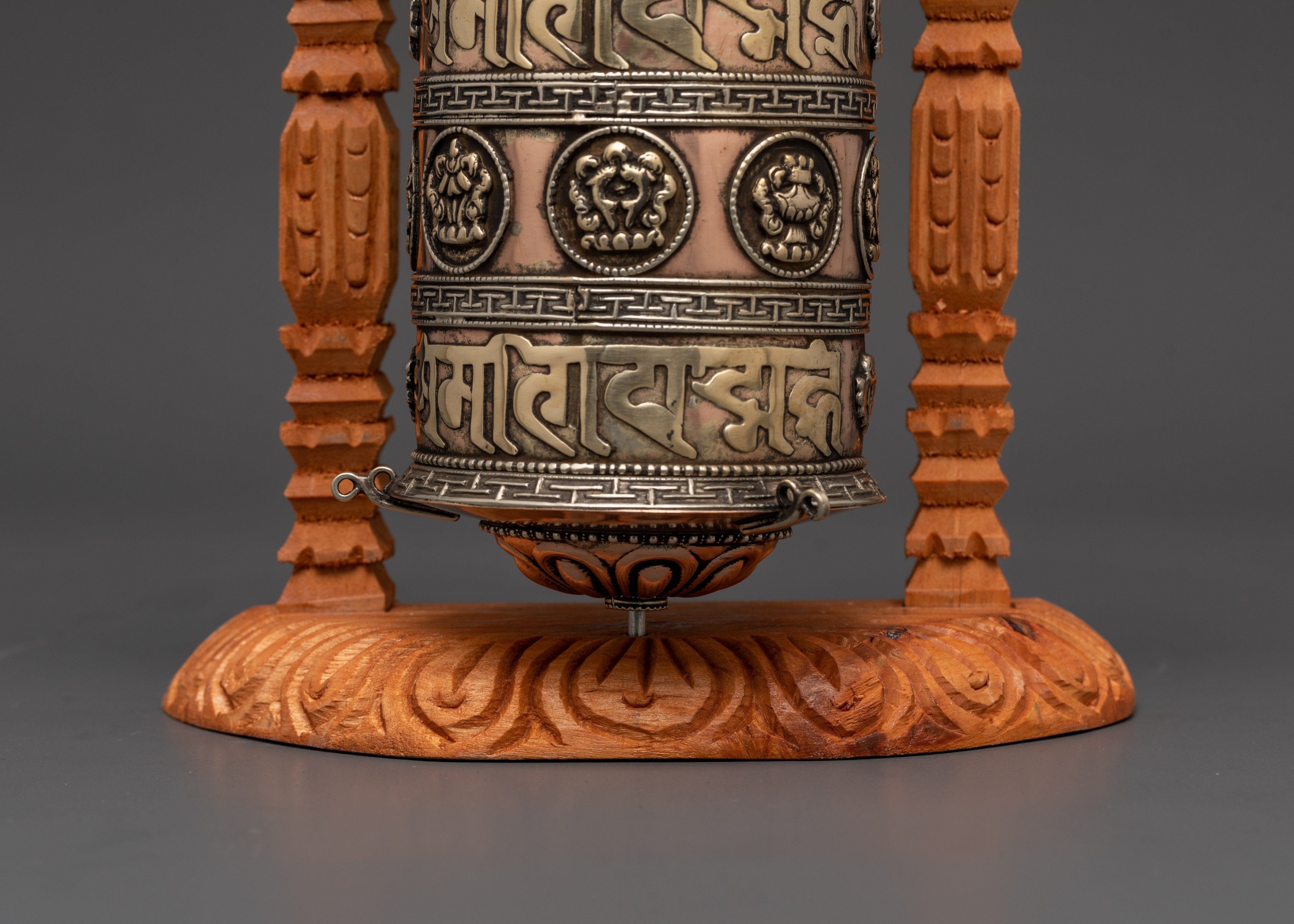 Large Copper & Brass Prayer Wheel | Sacred Wood Frame