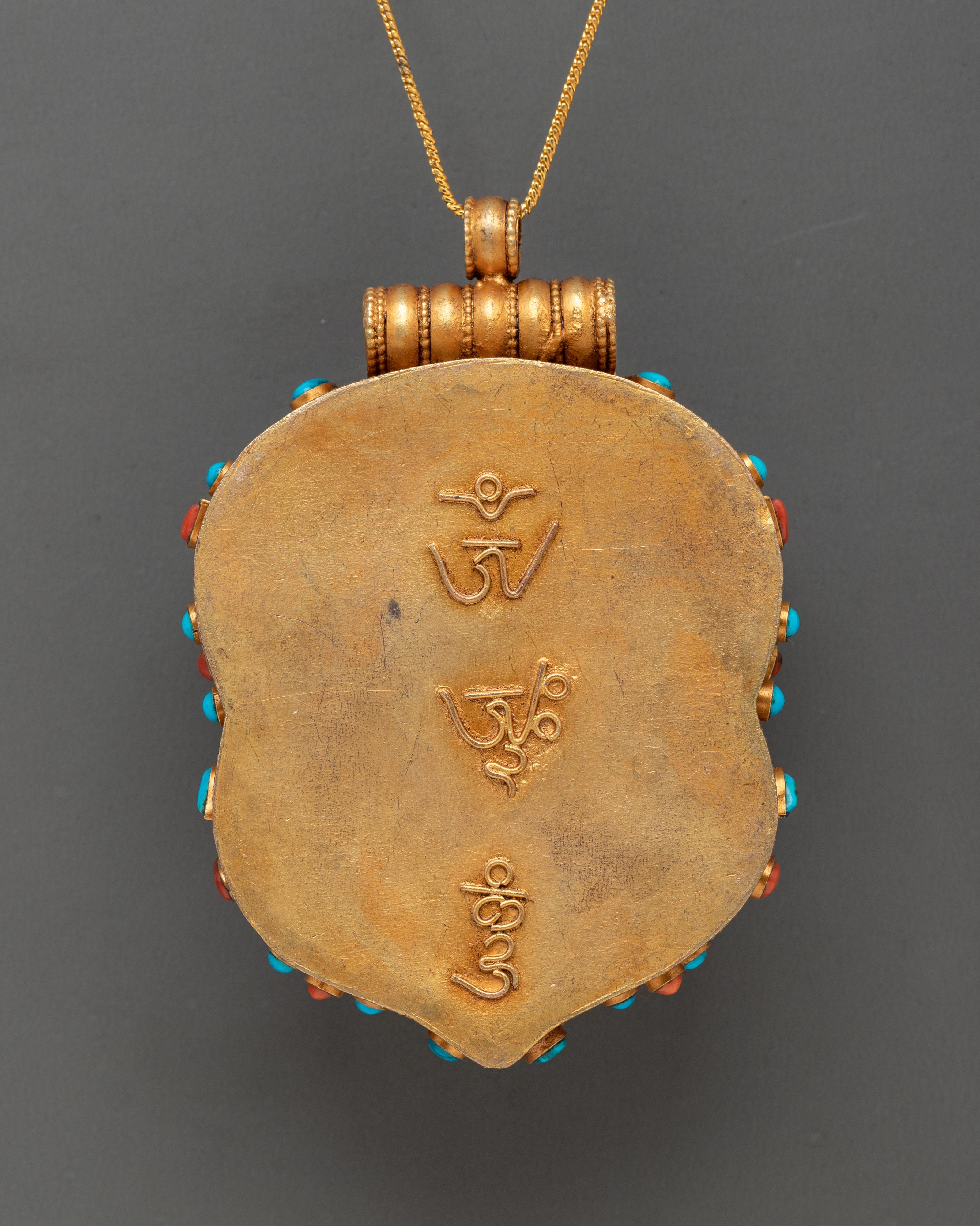 Gold Plated Deity Pendant with Coral | Sacred Buddhist Amulet Pendant