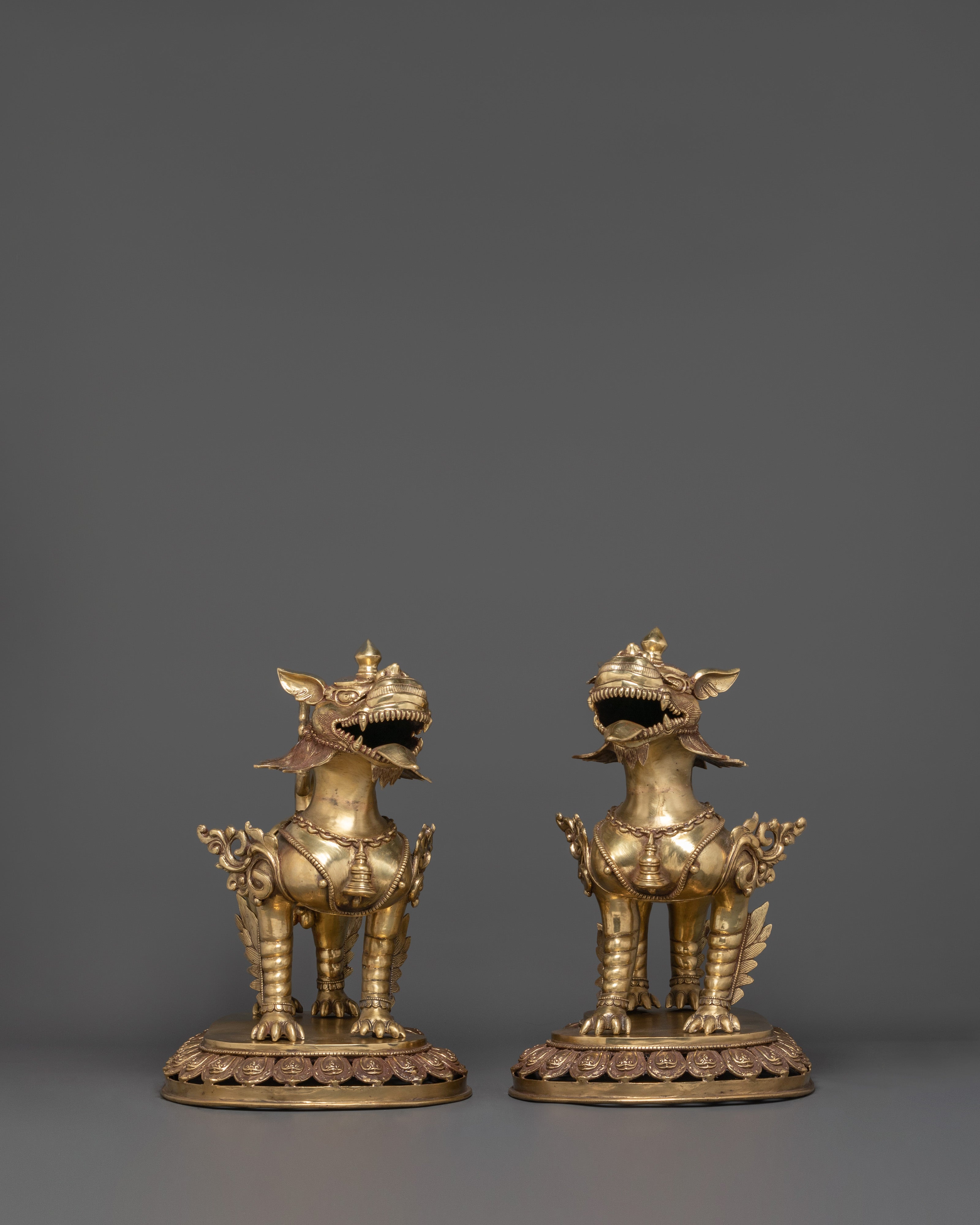 Sacred Tibetan Buddhist Guardian Lions Set | Brass Snow Lion Protector Statues