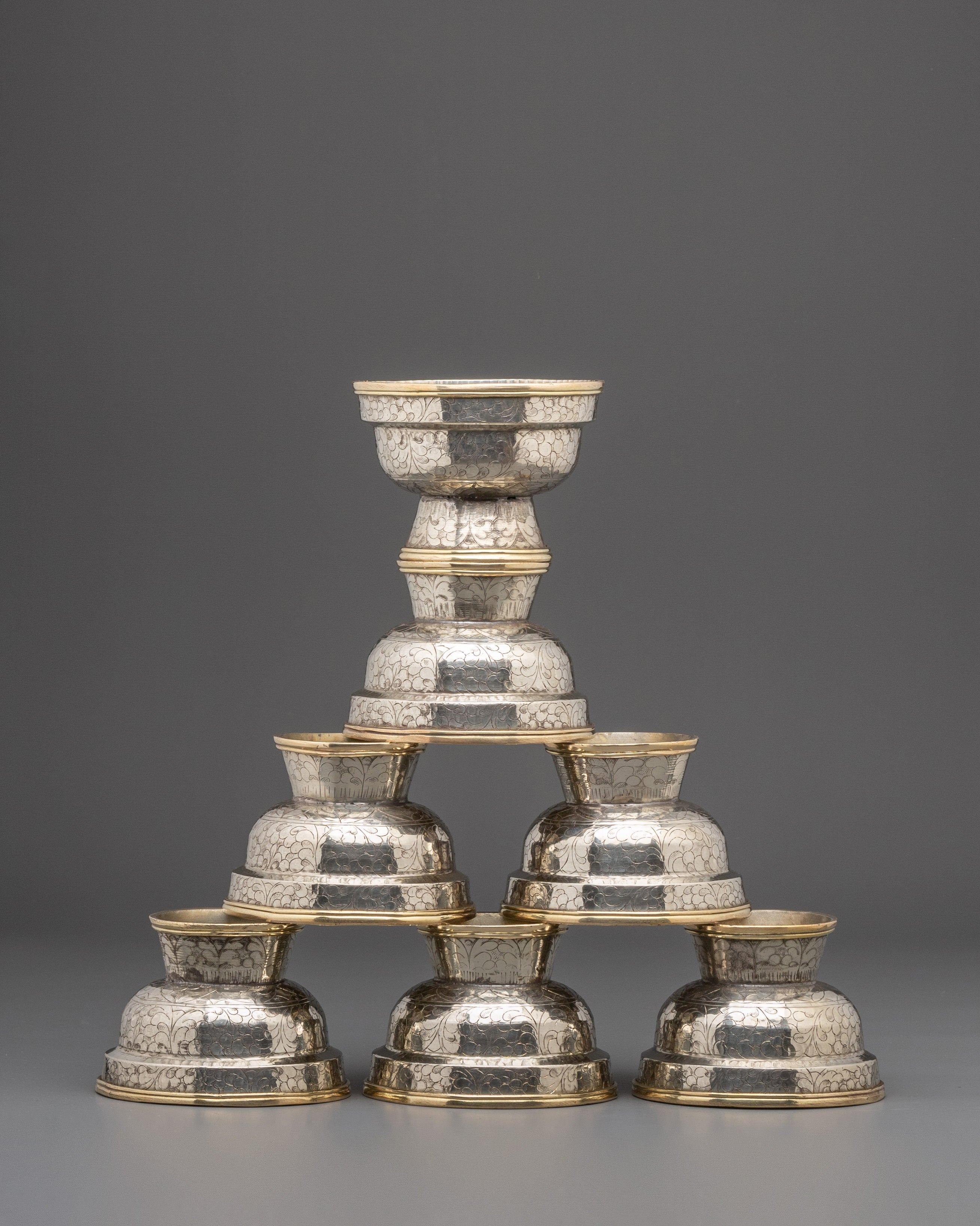 Tibetan Buddhist Silver Offering Bowl Set for Ceremonies