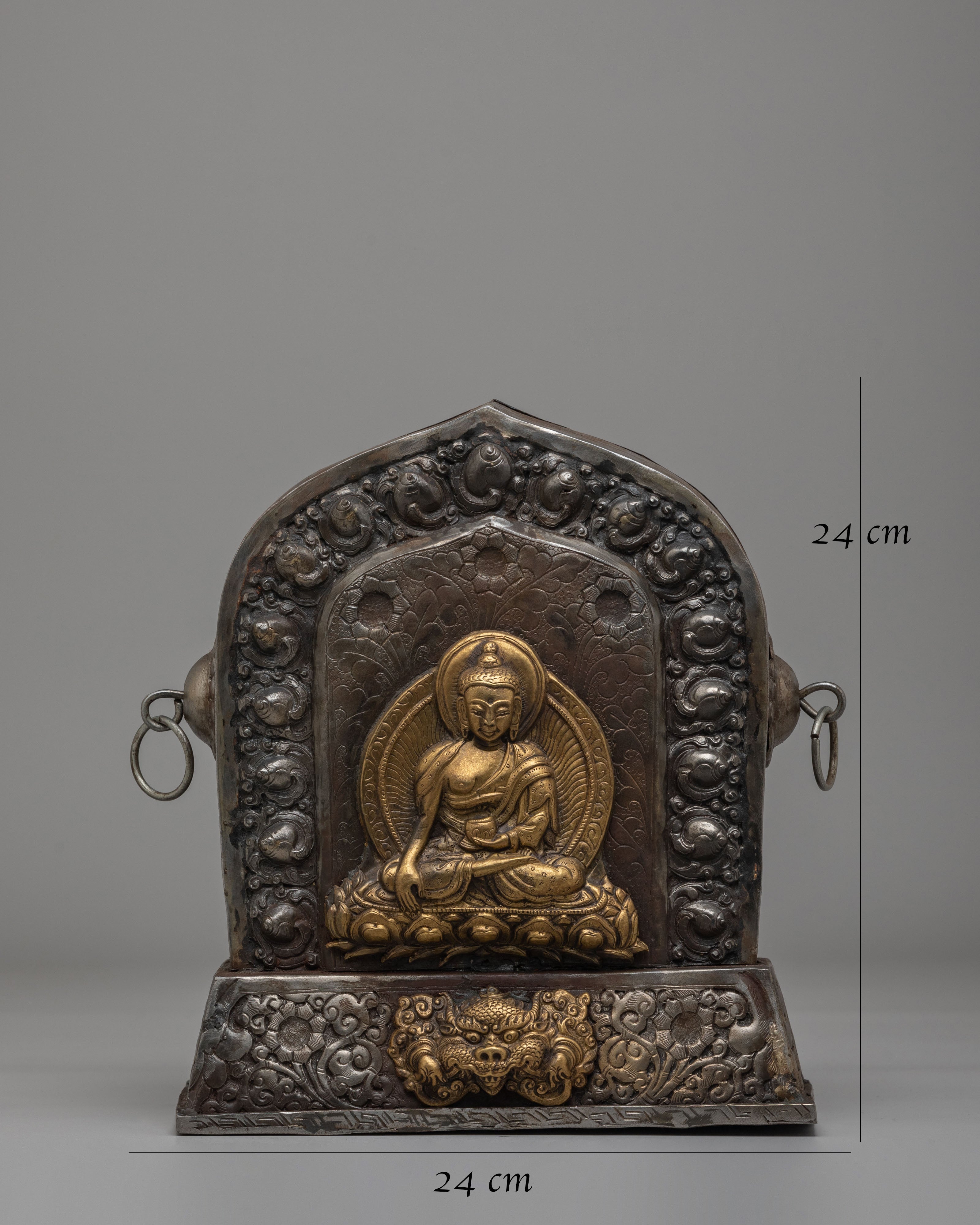 Handmade Shakyamuni Buddha Altar Box | Copper & Iron Ghau Box for Sacred Offerings