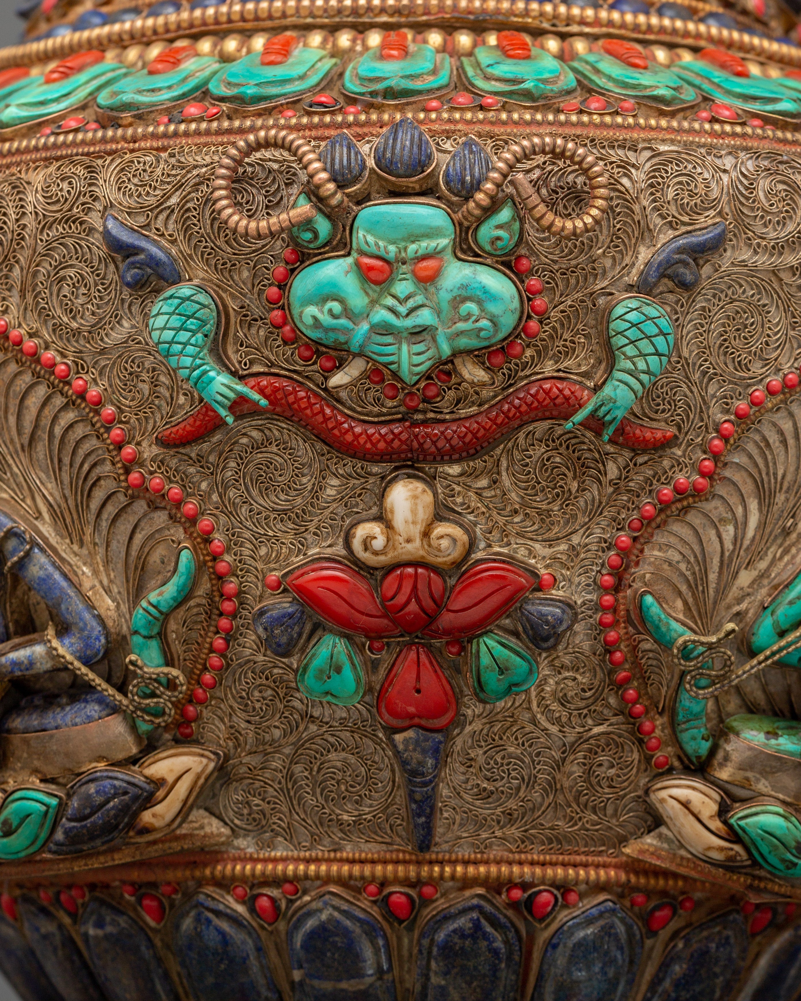 Tibetan Ritual Rice Pot with Coral | Buddhist Ritual and Altar Use