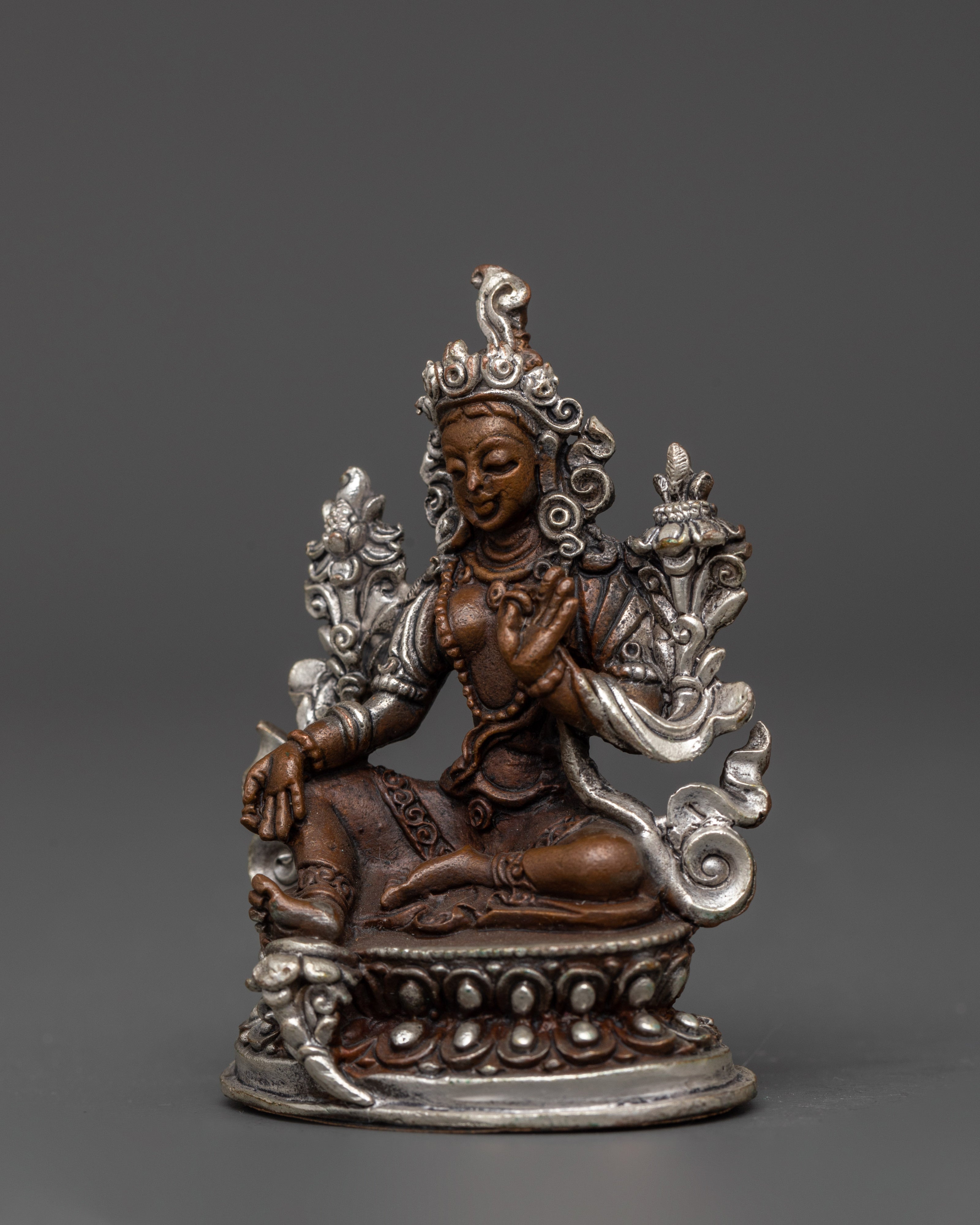 Green Tara Buddhist Goddess of Compassion | Oxidized Copper & Silver Plated Statue