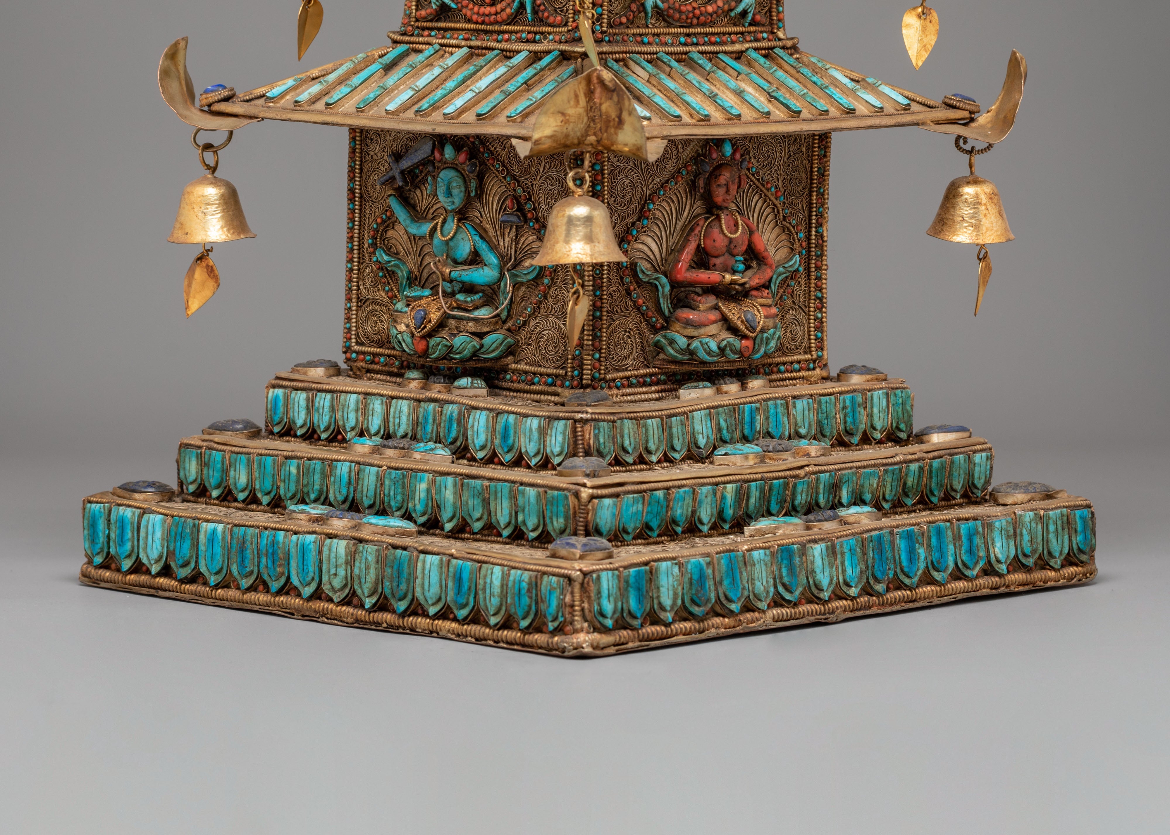 Tibetan Stupa with Deities and Turquoise Inlays | Copper & Semi-Precious Stones