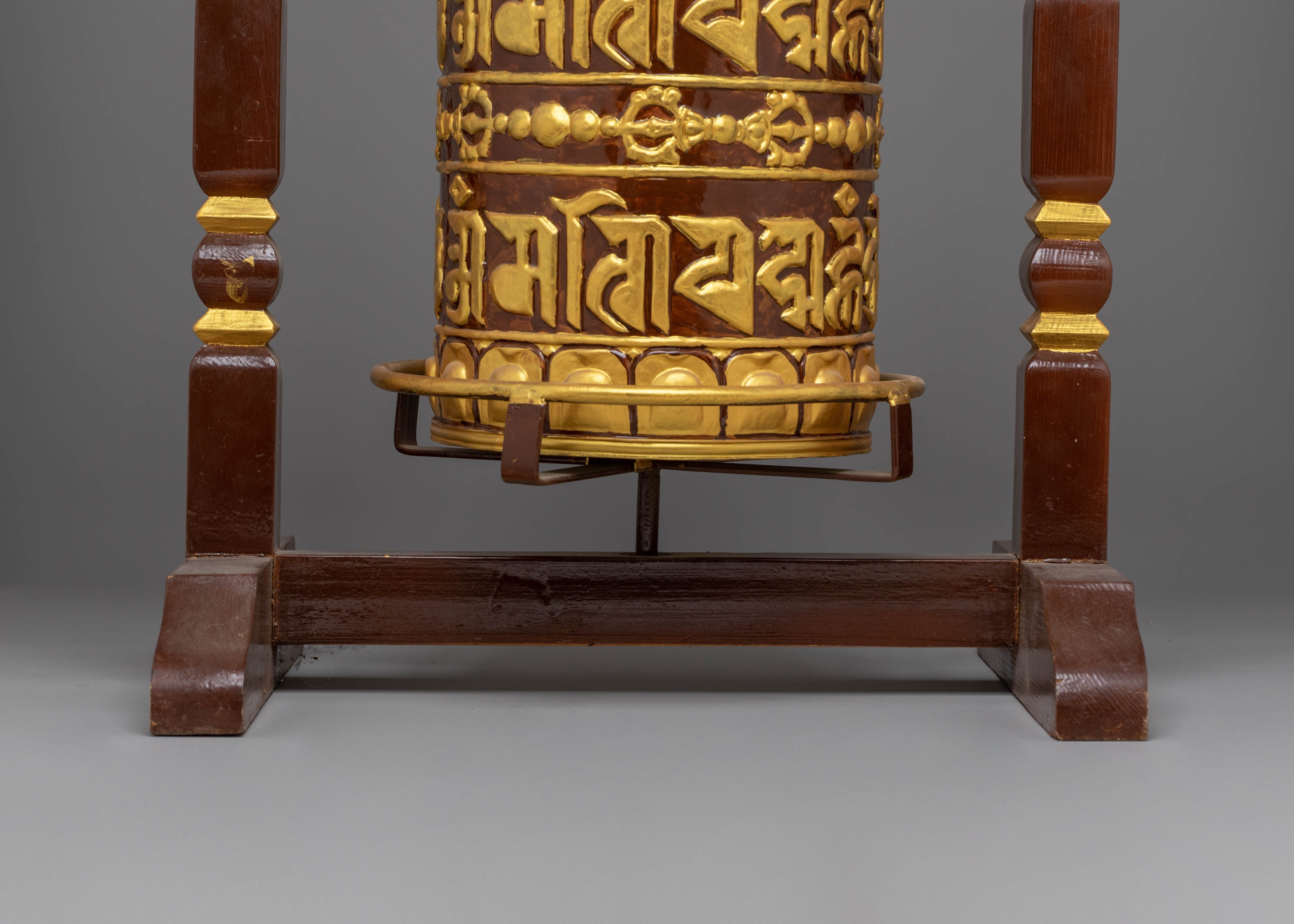 Prayer Wheel: Traditional Ritual Item | Copper Body with Acrylic Colors and Wood Base