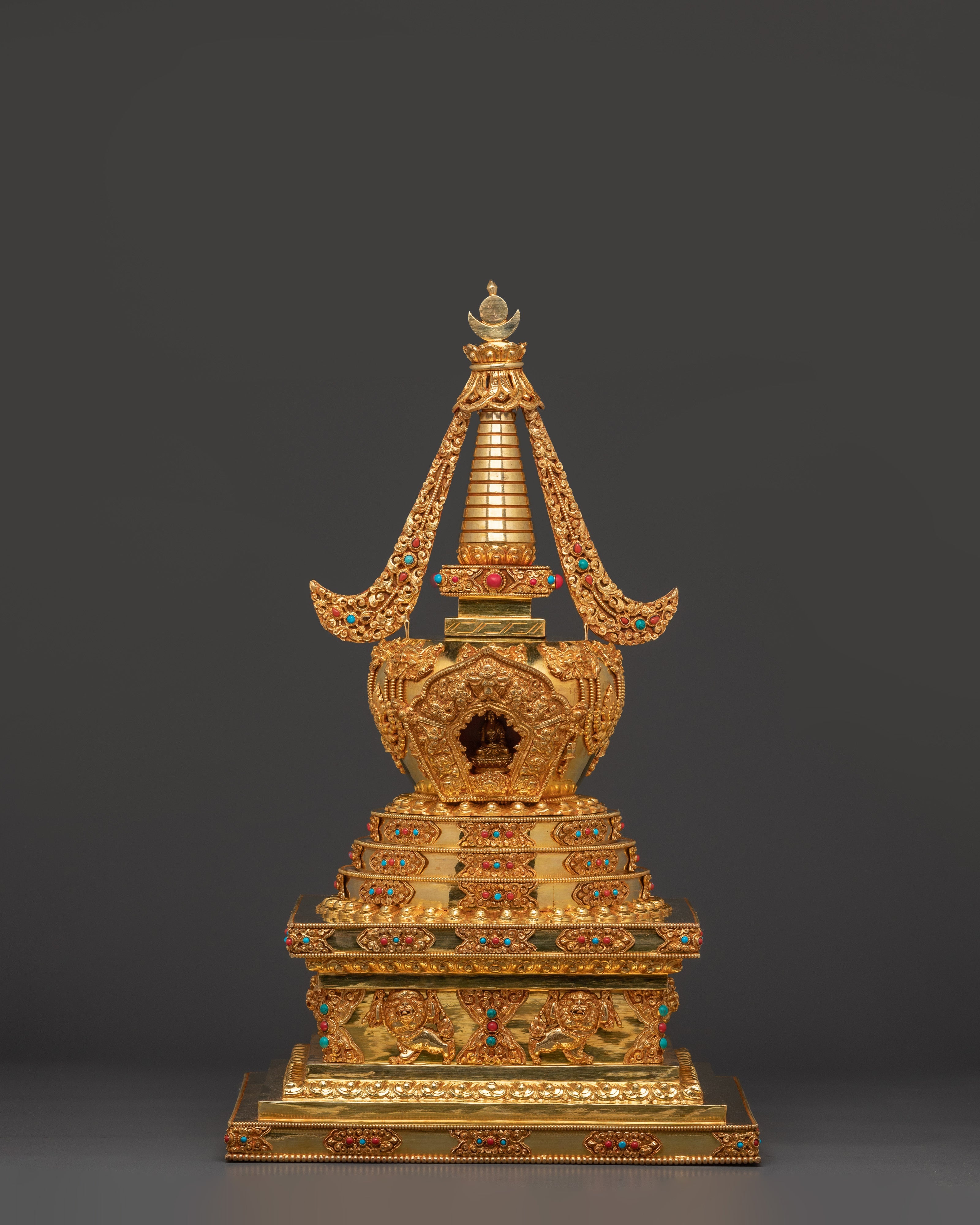 Gold-Plated Copper Buddhist Stupa for Tibetan Altar