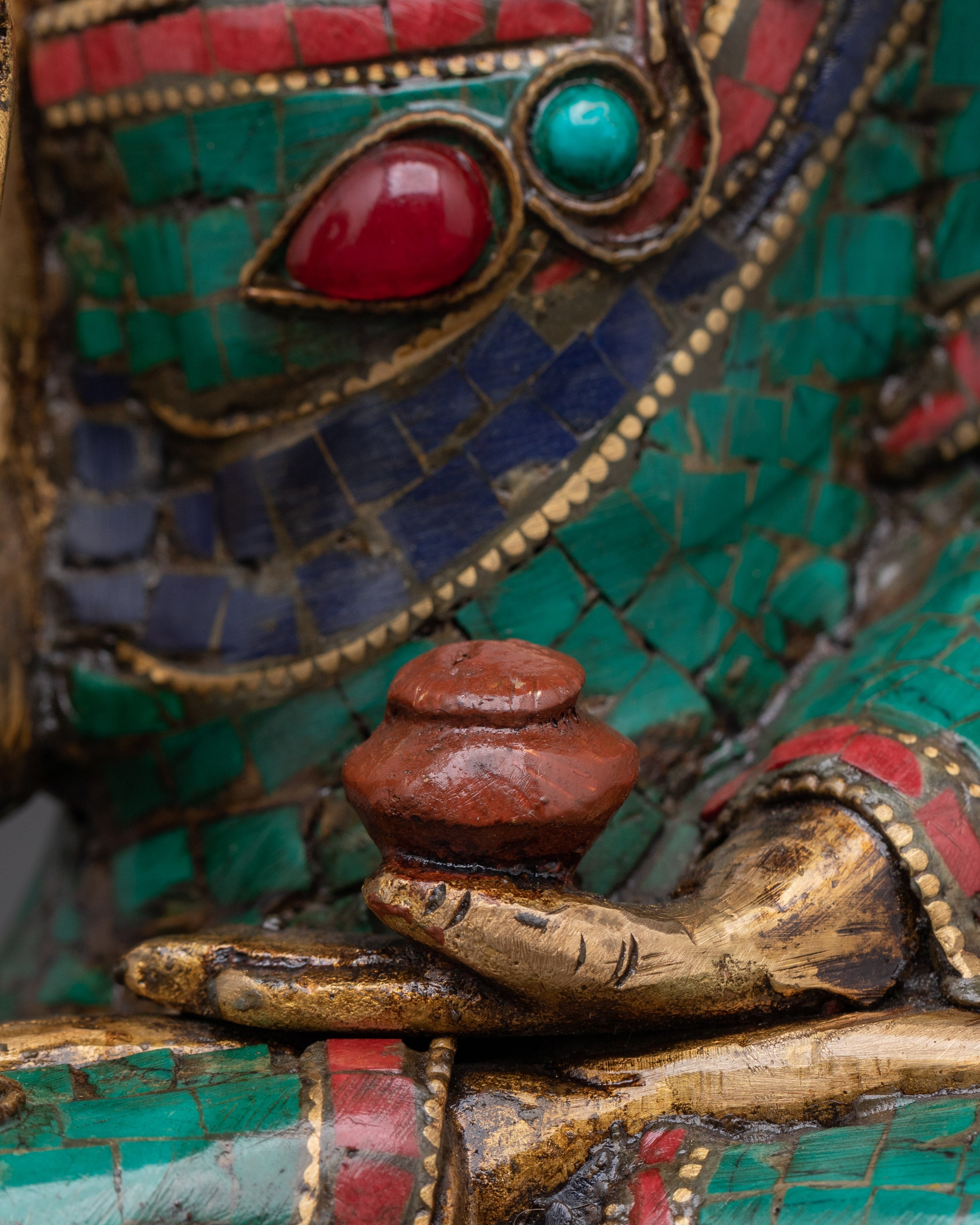 Handmade Amoghasiddhi Buddha Sculpture | Brass, Coral & Turquoise Inlay
