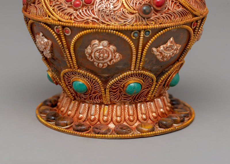 Crystal Dhupur Rice Pot | Handcrafted Copper Pot with Filigree and Gold Plating