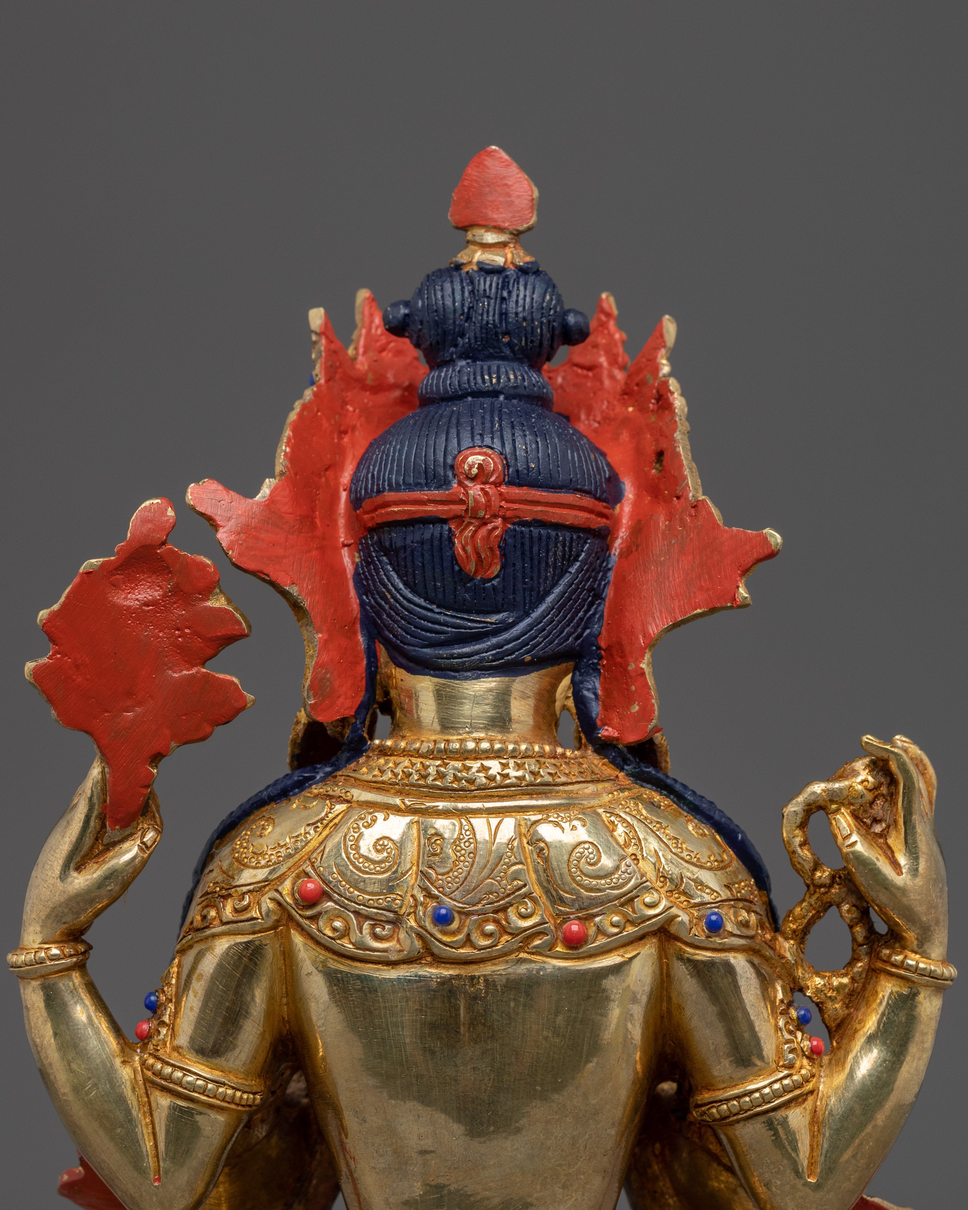 Gold Plated Buddhist Chenrezig Sculpture | Copper Sculpture with Coral & Turquoise