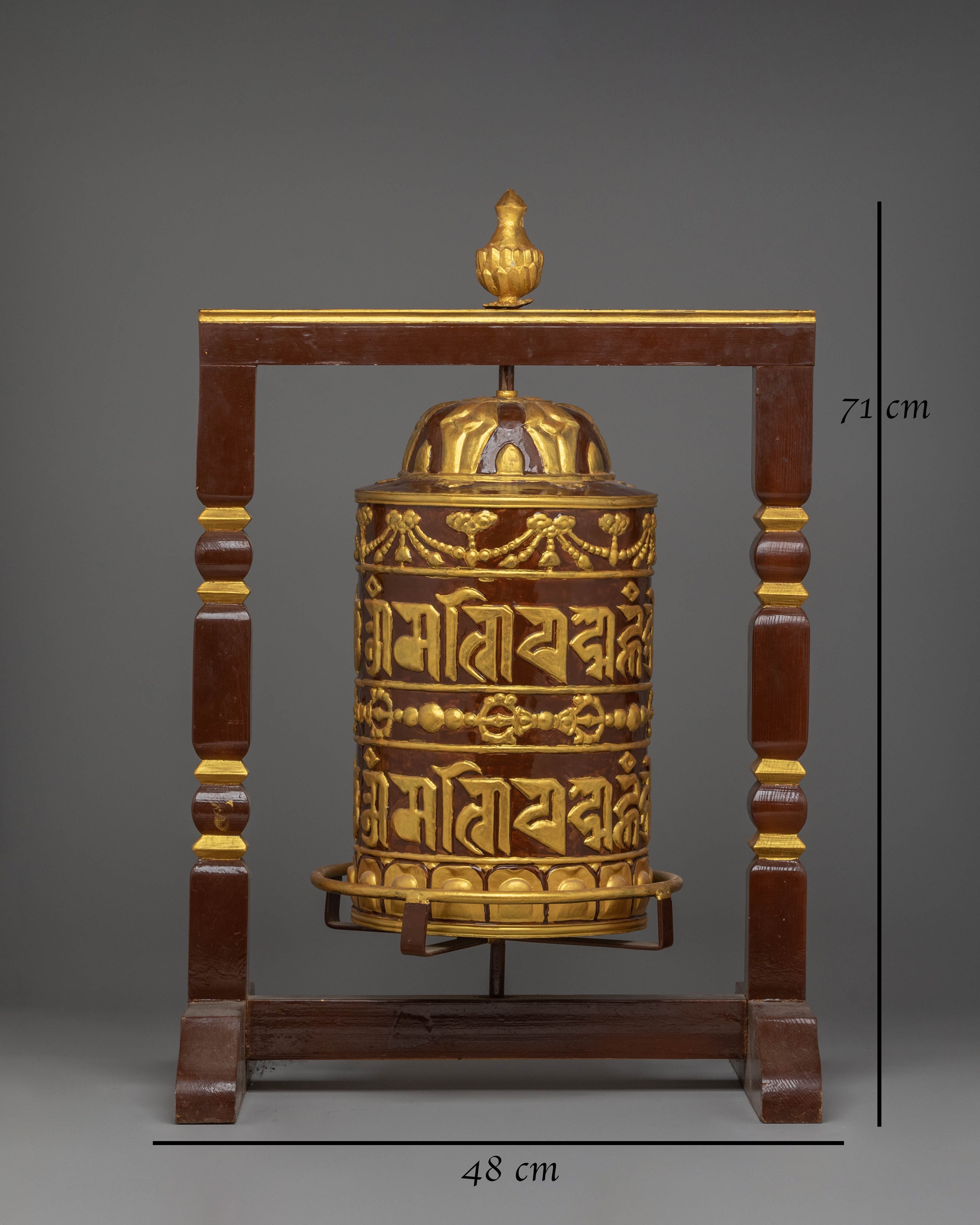 Prayer Wheel: Traditional Ritual Item | Copper Body with Acrylic Colors and Wood Base