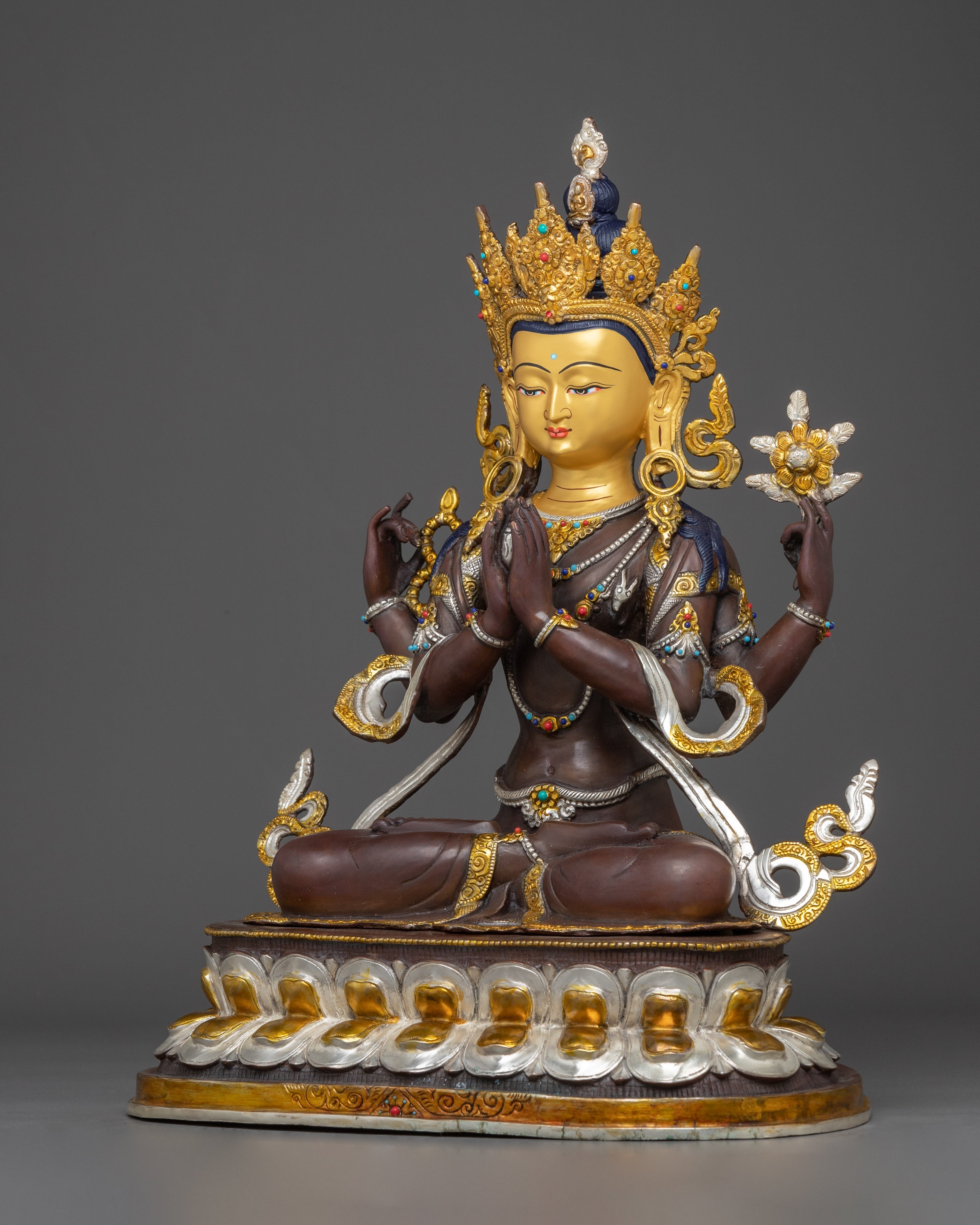 Handcrafted Four-Armed Chenrezig Statue | Oxidized Copper & Gold Plated Figurine