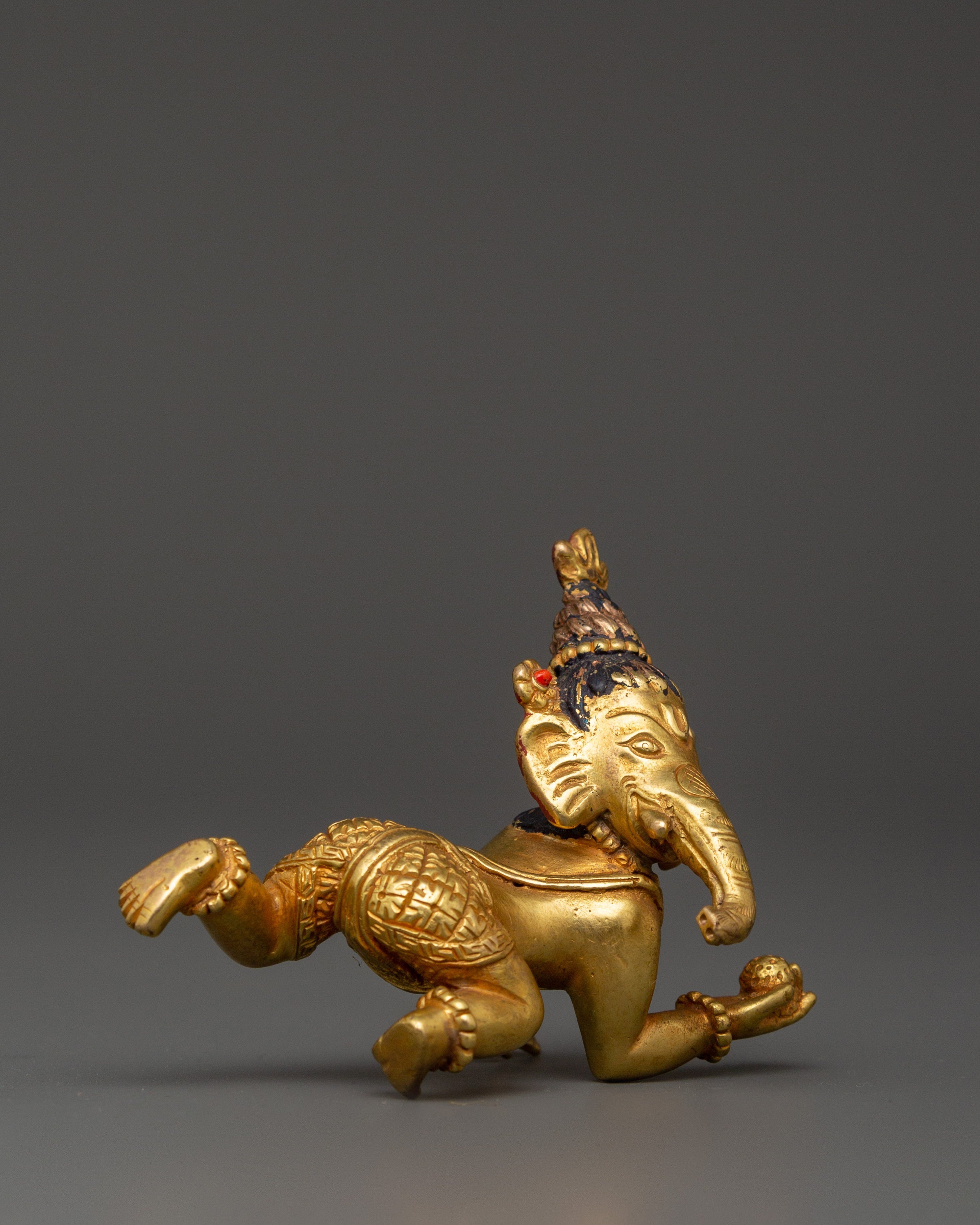 Ganesh Copper Gold-Plated Statue with Cora Stones | Hindu Ganesha Figurine