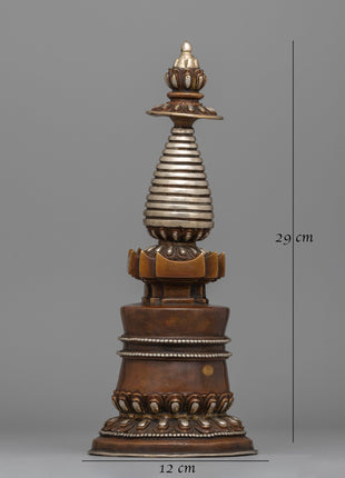 Handcrafted Copper Kadampa stupa with Silver-Plated | Sacred Buddhist Spiritual Symbolizing Decor