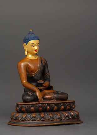 Shakyamuni Buddha Tibetan Altar Decor Statue | Oxidized Copper Body with Gold Plating